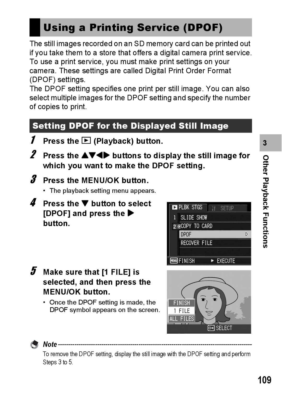 Ricoh G600 manual Using a Printing Service Dpof, 109, Setting Dpof for the Displayed Still Image 