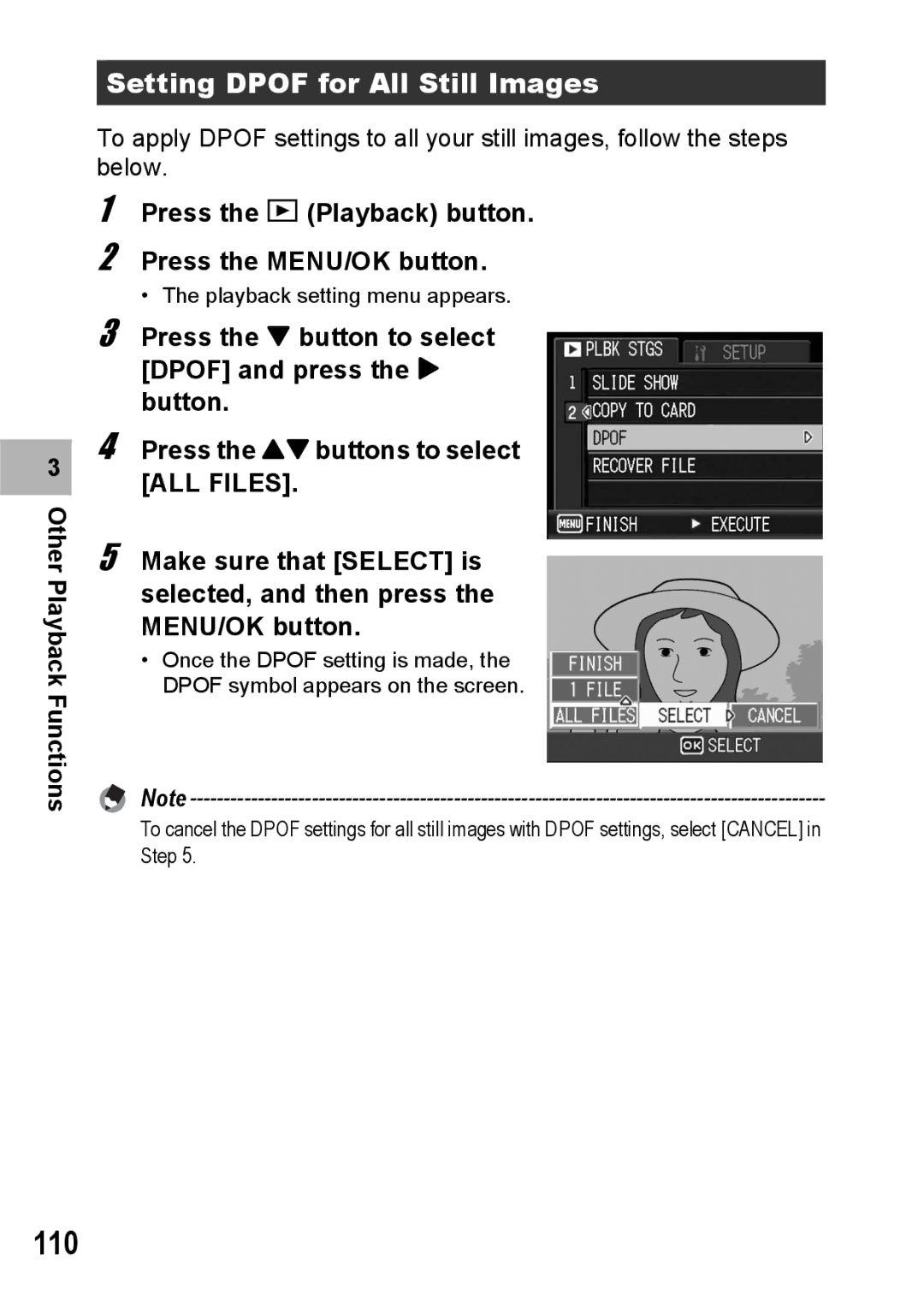 Ricoh G600 manual 110, Setting Dpof for All Still Images 