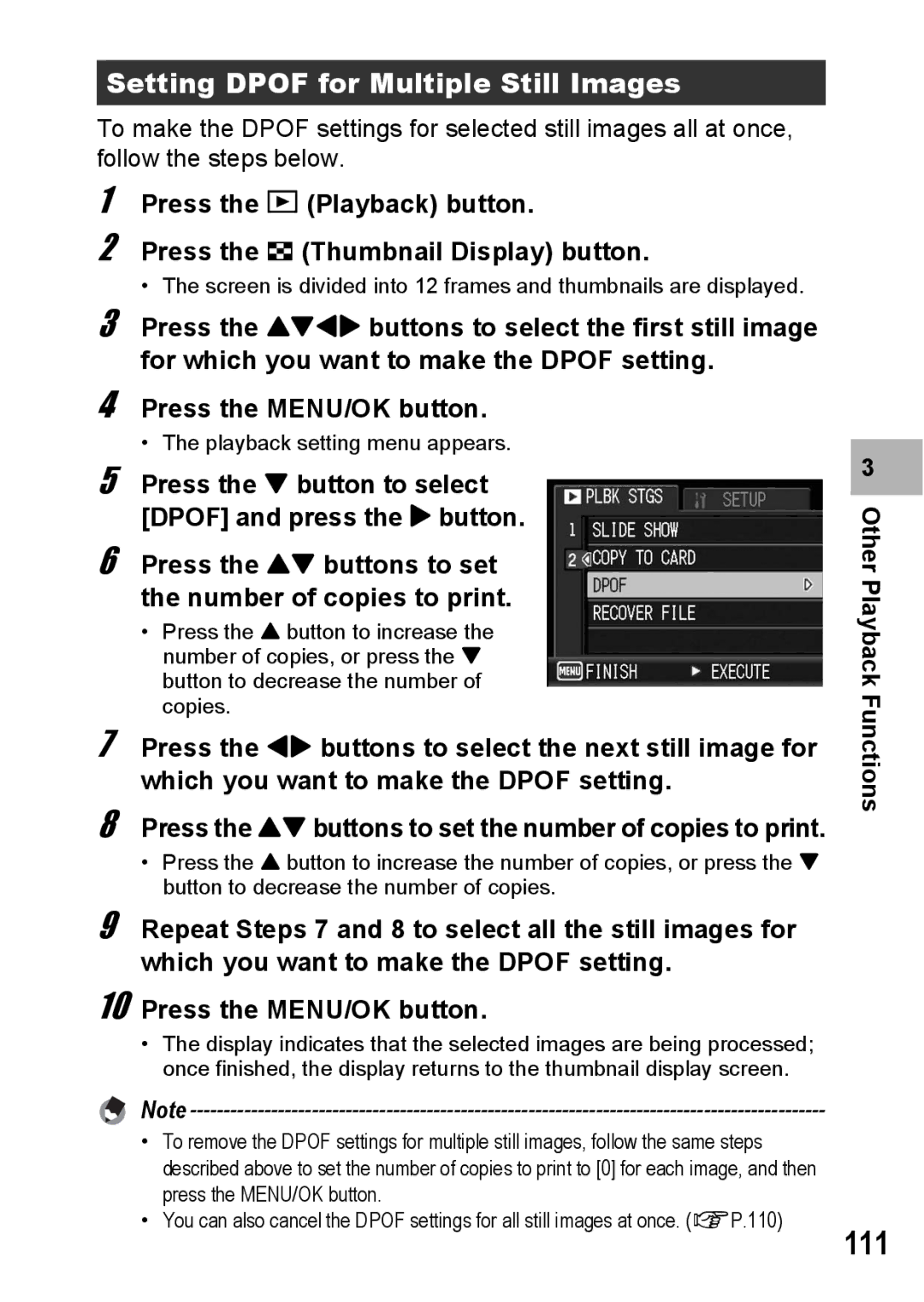 Ricoh G600 manual 111, Setting Dpof for Multiple Still Images 