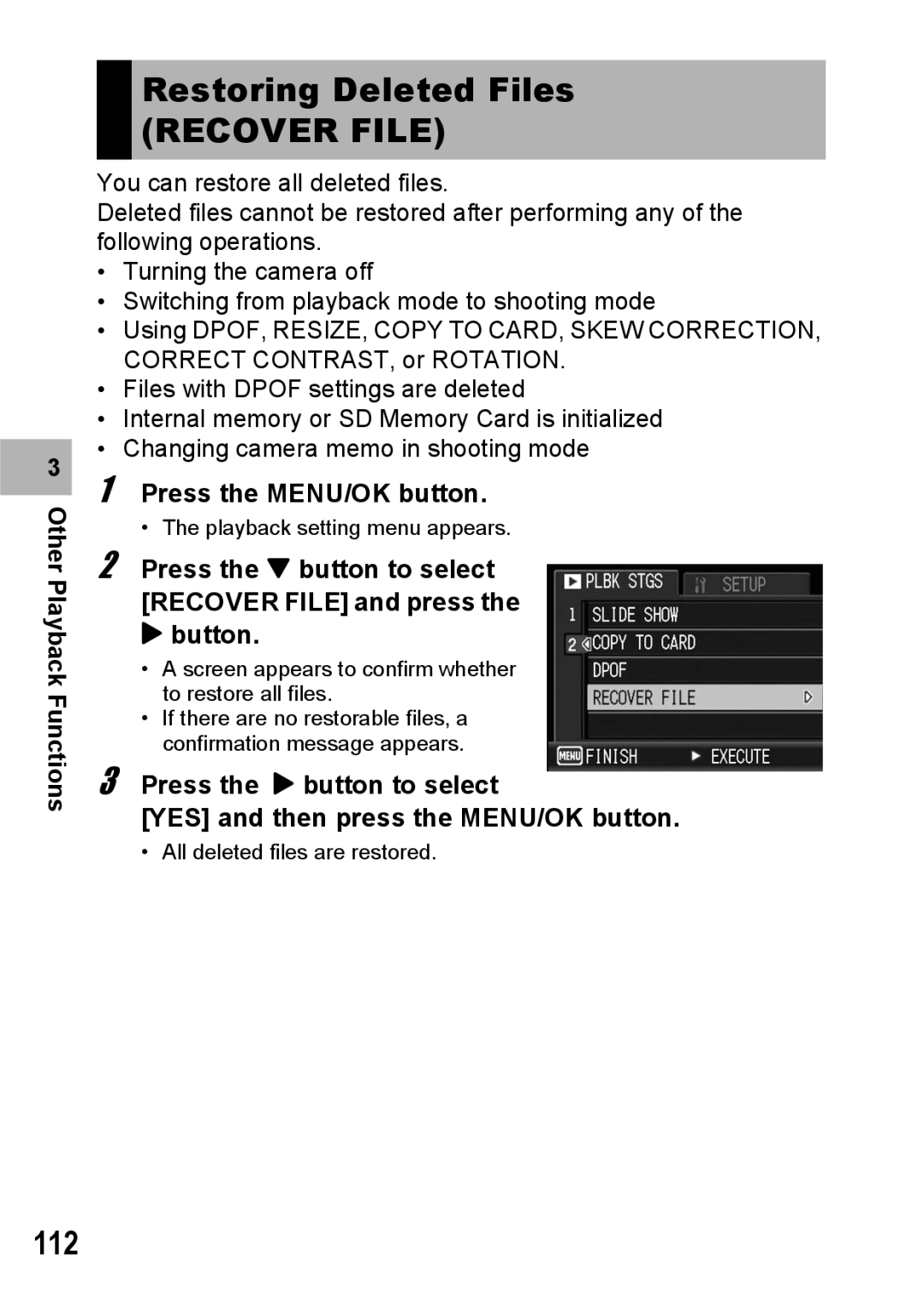 Ricoh G600 manual Restoring Deleted Files, Recover File, 112 