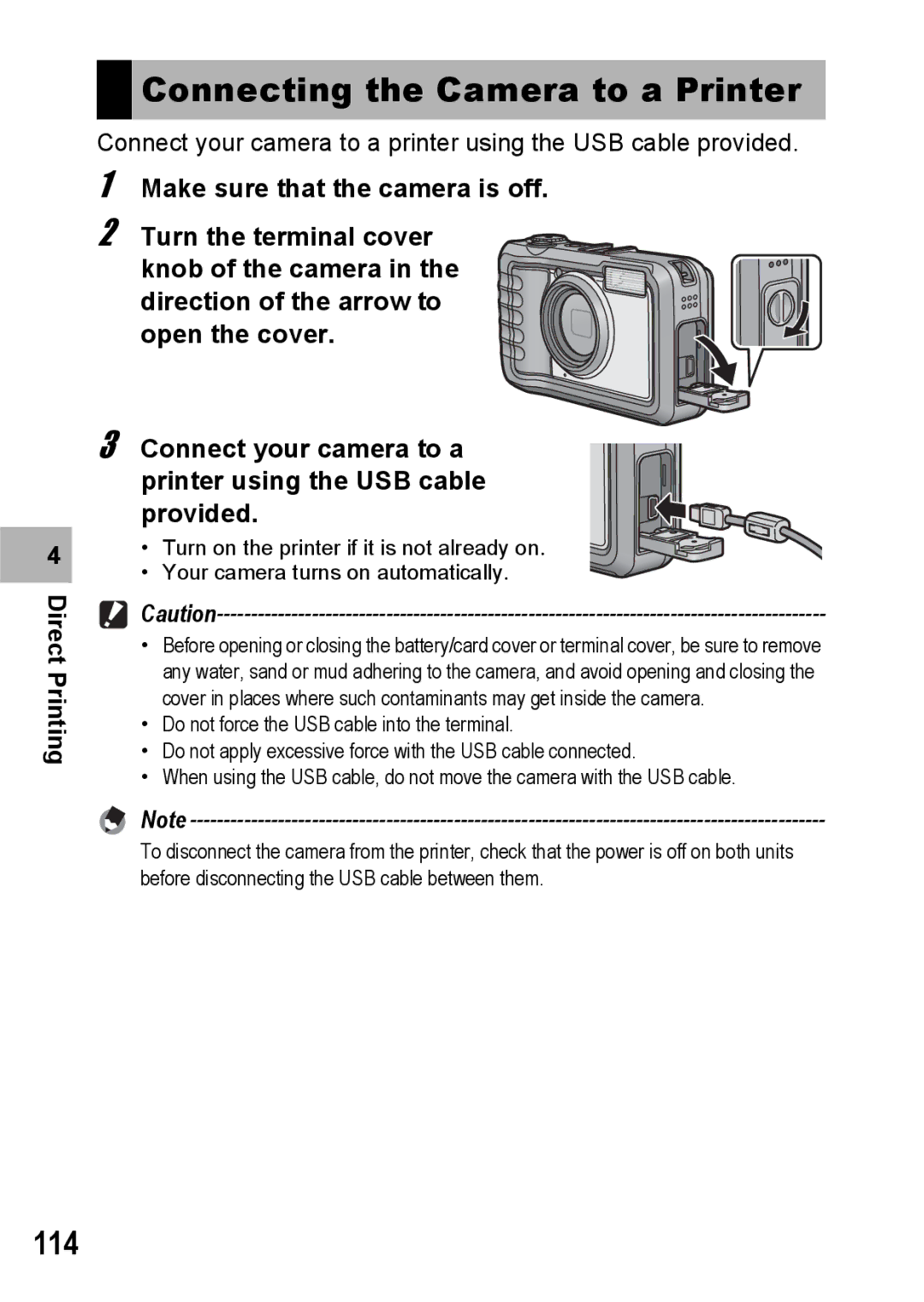 Ricoh G600 manual Connecting the Camera to a Printer, 114 