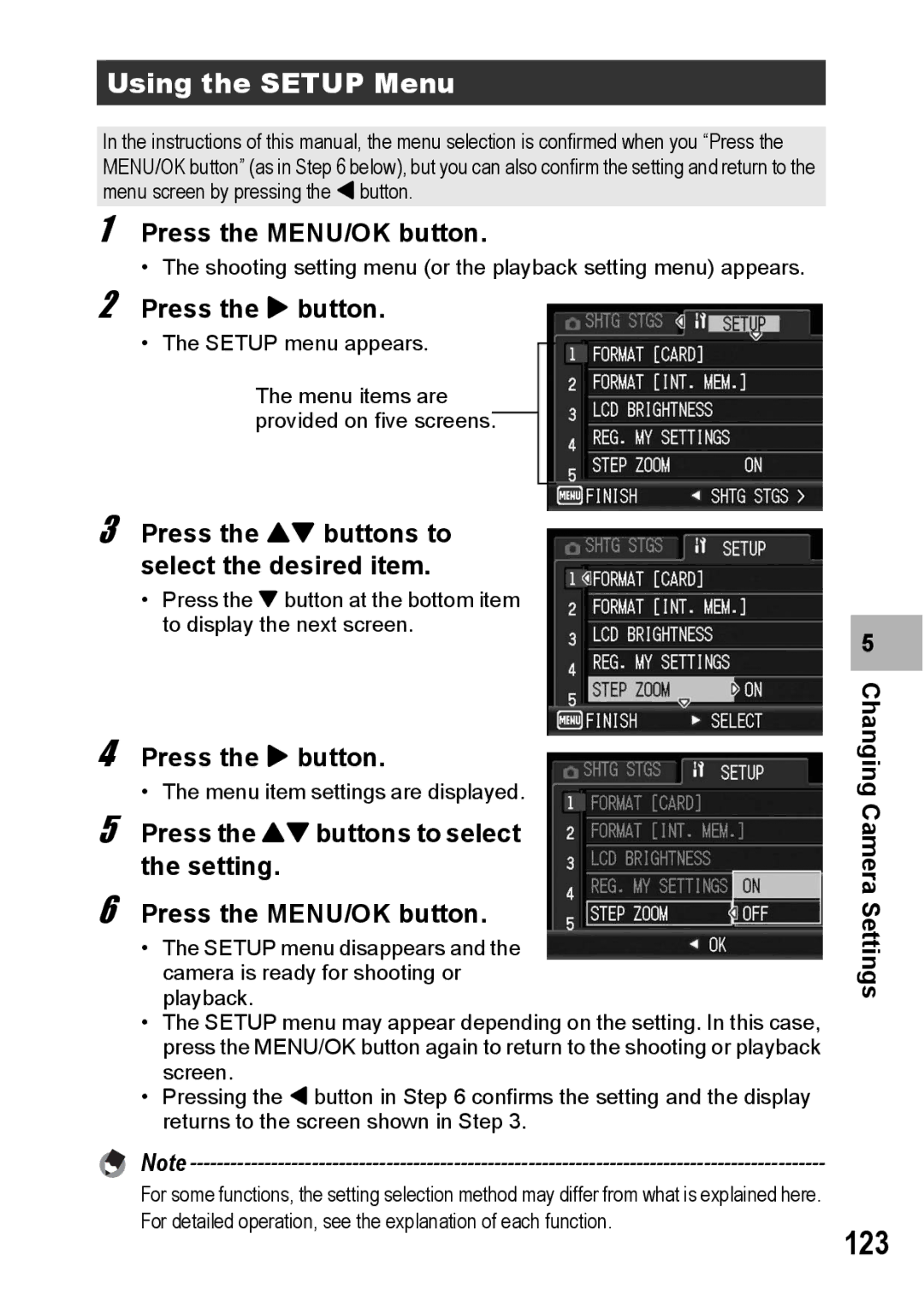 Ricoh G600 manual 123, Using the Setup Menu, Changing Camera Settings 