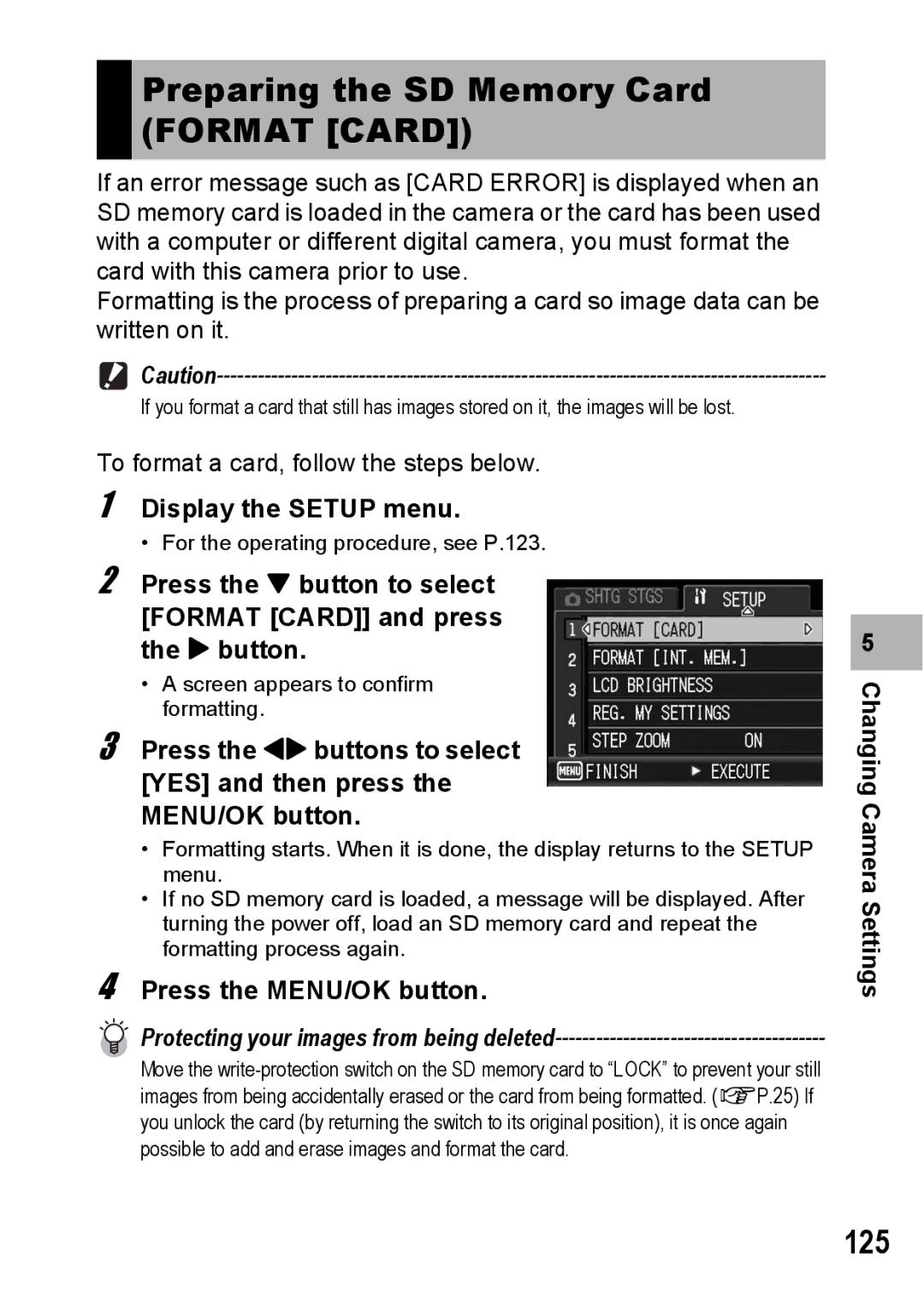 Ricoh G600 manual Preparing the SD Memory Card Format Card, 125, Display the Setup menu 