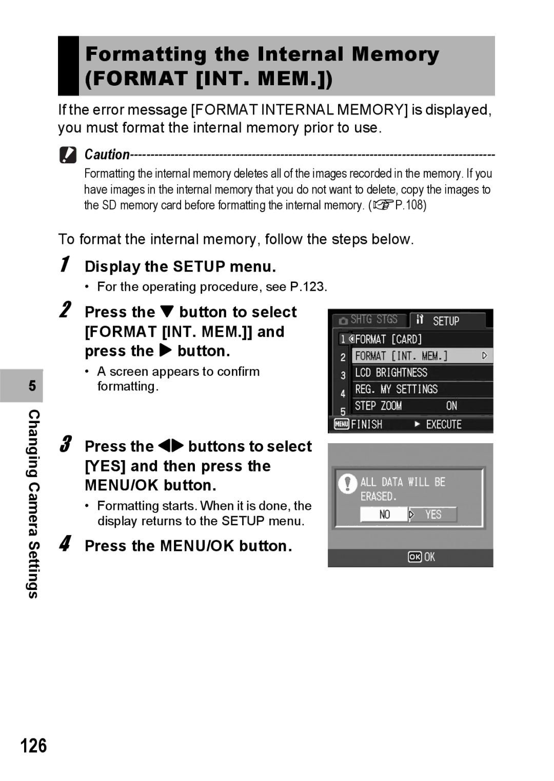 Ricoh G600 manual Formatting the Internal Memory Format INT. MEM, 126 