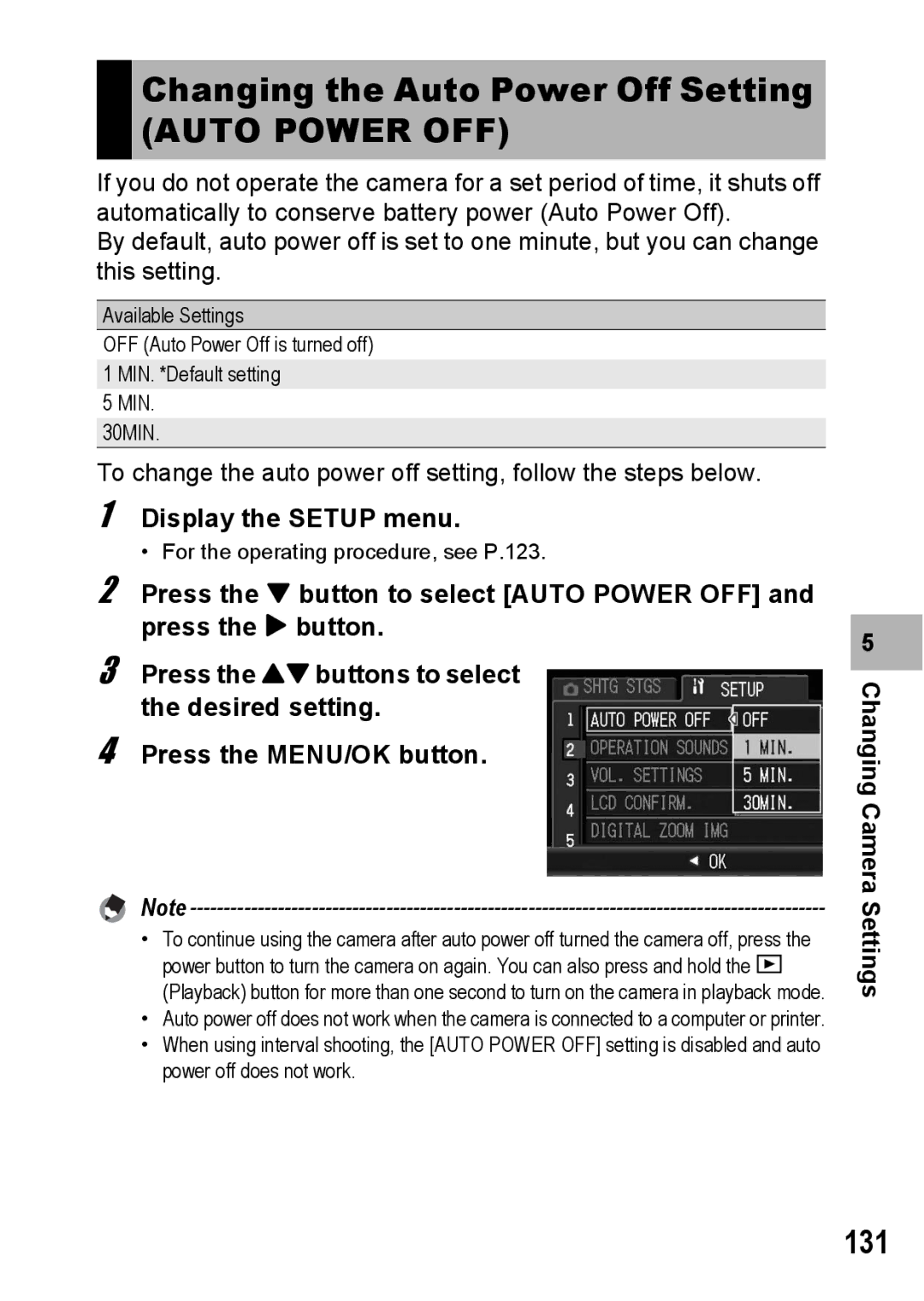 Ricoh G600 manual Changing the Auto Power Off Setting, Auto Power OFF, 131 