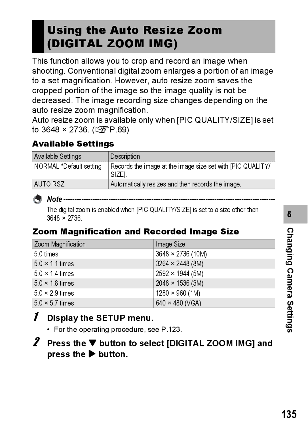 Ricoh G600 manual Using the Auto Resize Zoom, Digital Zoom IMG, 135, Available Settings 