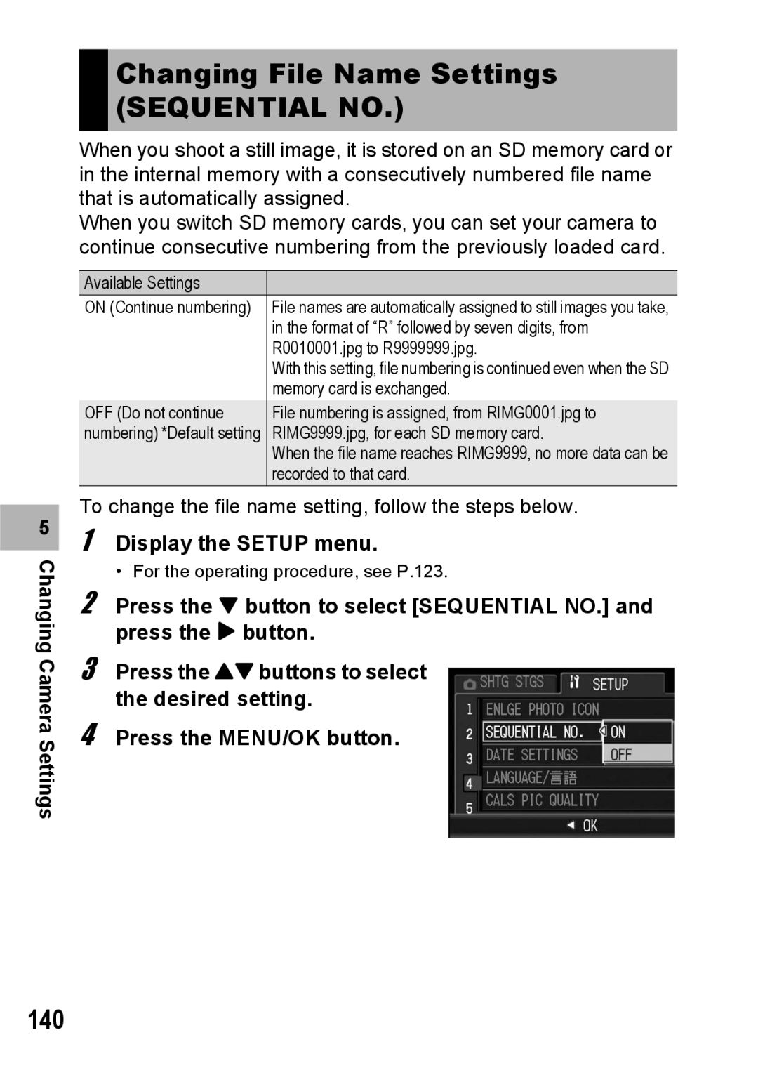 Ricoh G600 manual Changing File Name Settings Sequential no, 140 