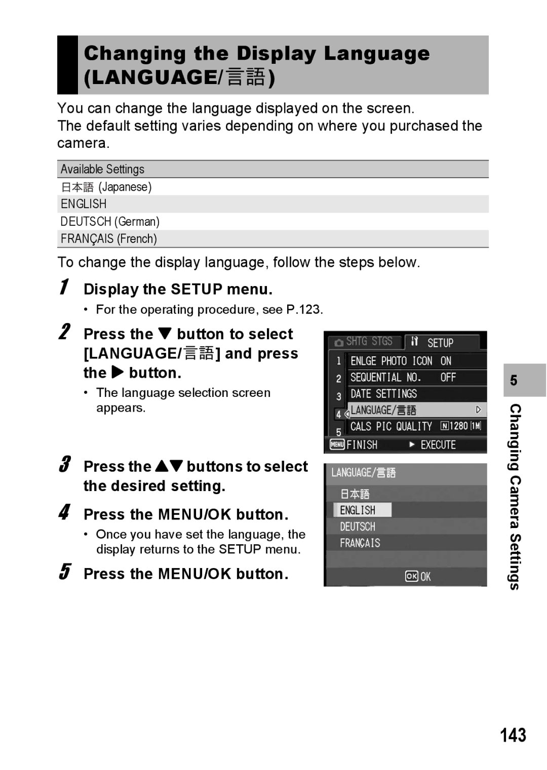 Ricoh G600 manual Changing the Display Language LANGUAGE/N, 143, Press the MENU/OK button Changing Camera Settings, English 