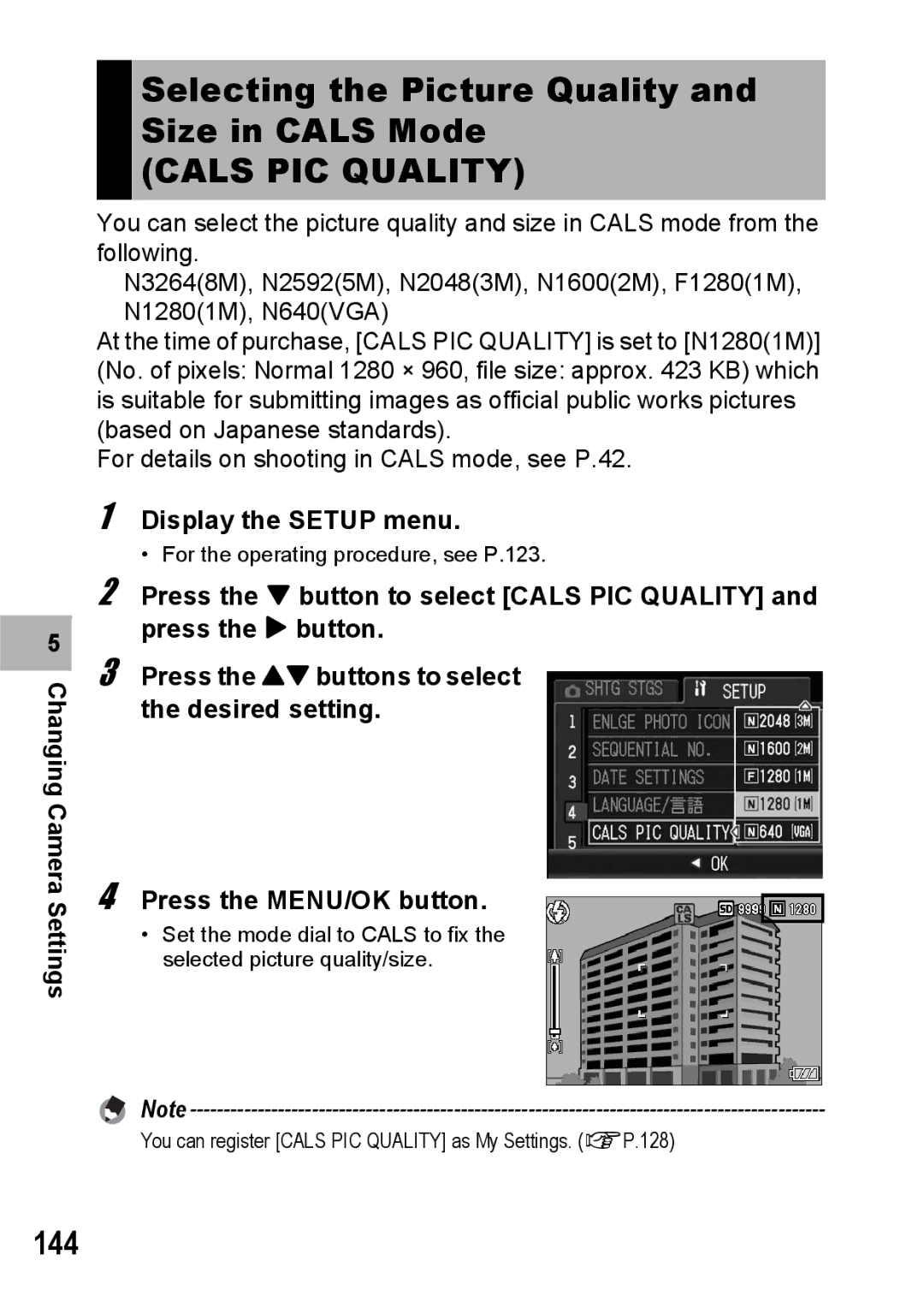 Ricoh G600 manual Selecting the Picture Quality Size in Cals Mode, Cals PIC Quality, 144 