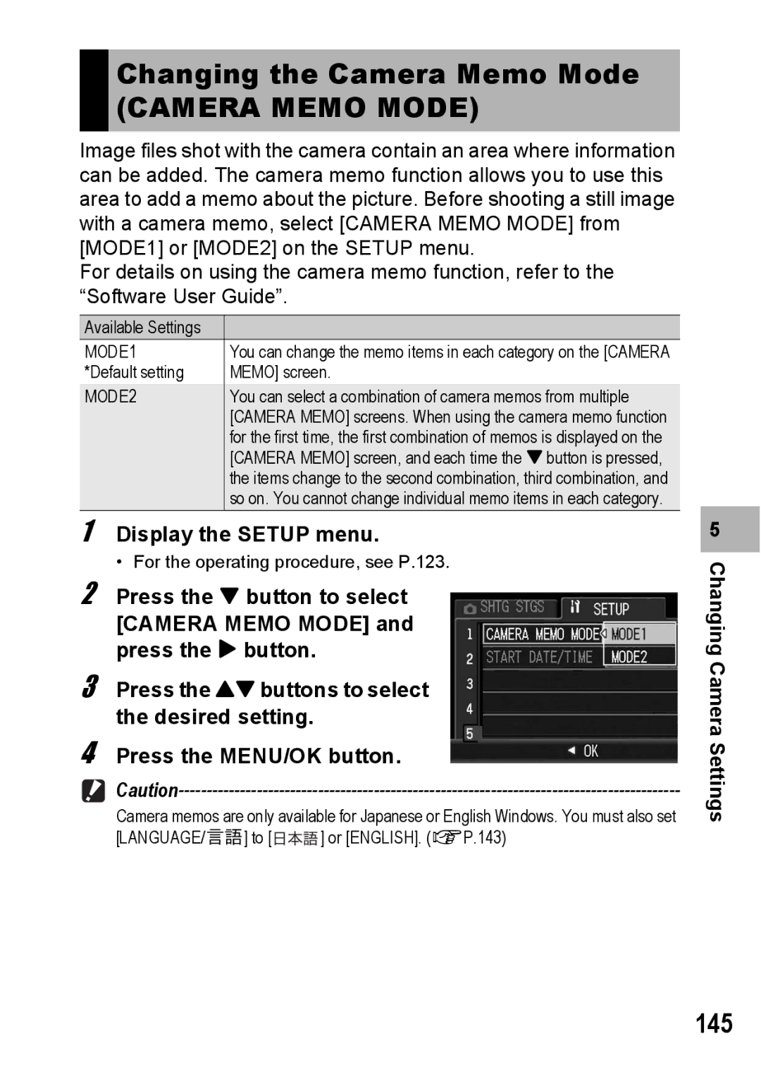 Ricoh G600 manual Changing the Camera Memo Mode, 145, MODE1, MODE2 