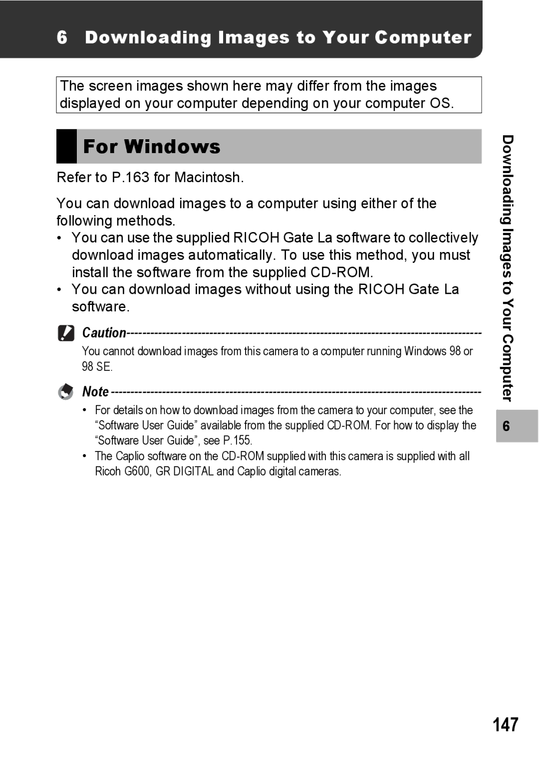 Ricoh G600 manual For Windows, 147, Downloading Images to Your Computer 