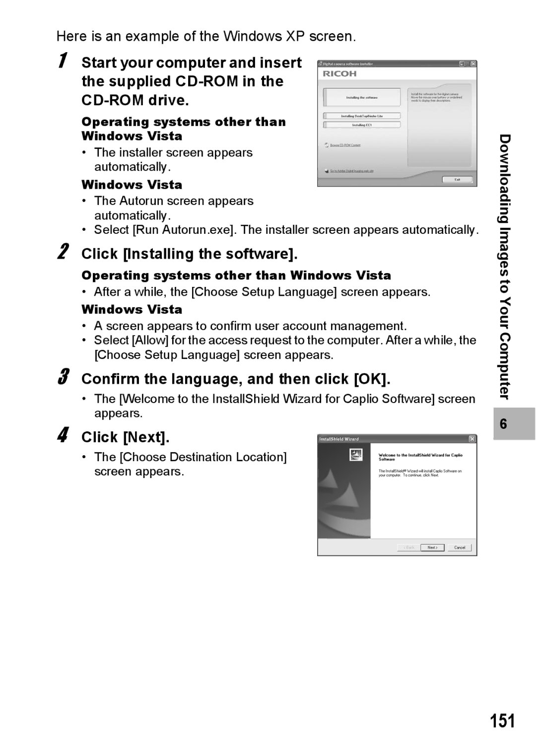 Ricoh G600 manual 151, Click Installing the software, Confirm the language, and then click OK, Click Next 