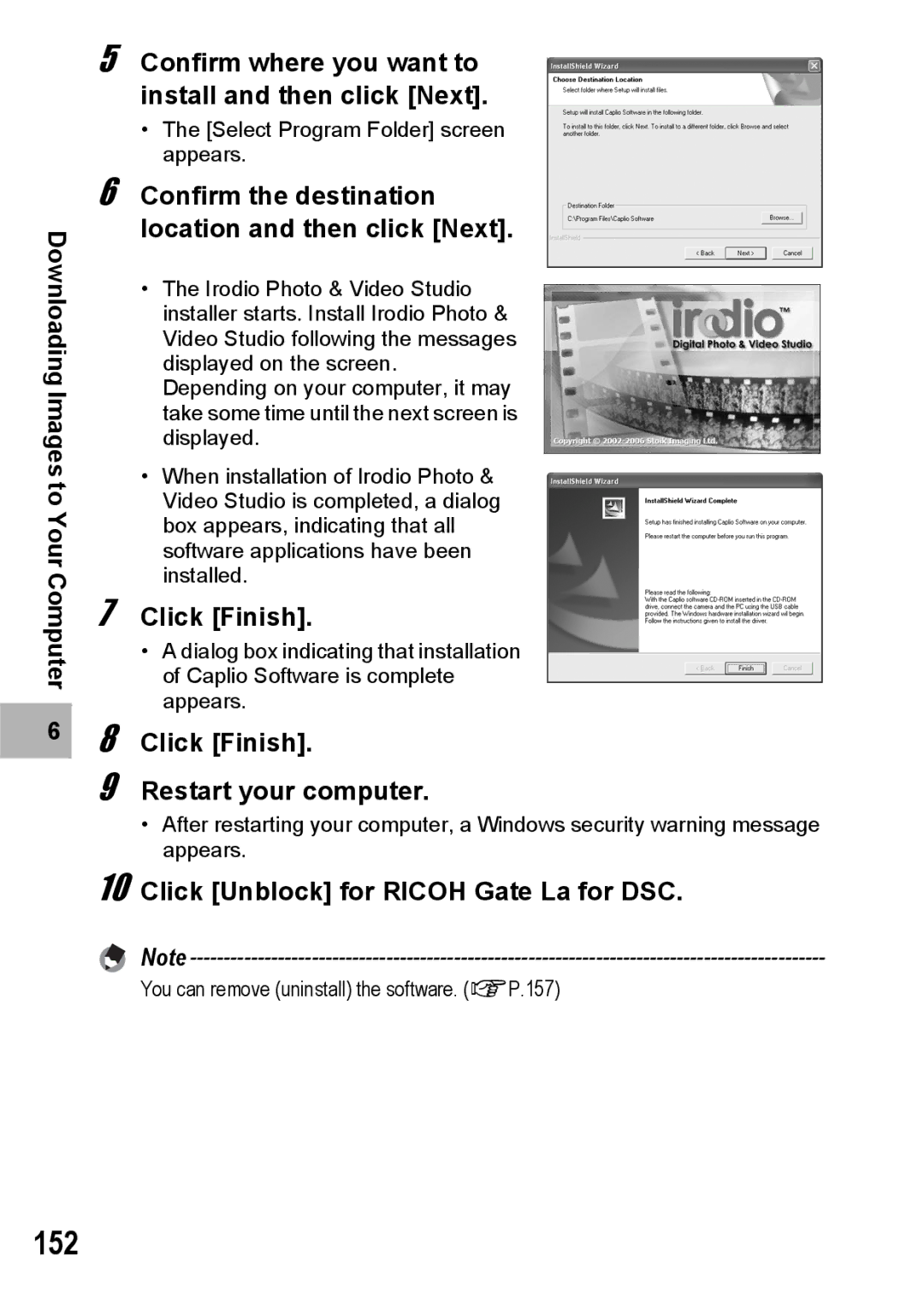 Ricoh G600 manual 152, Confirm the destination location and then click Next, Click Finish Restart your computer 