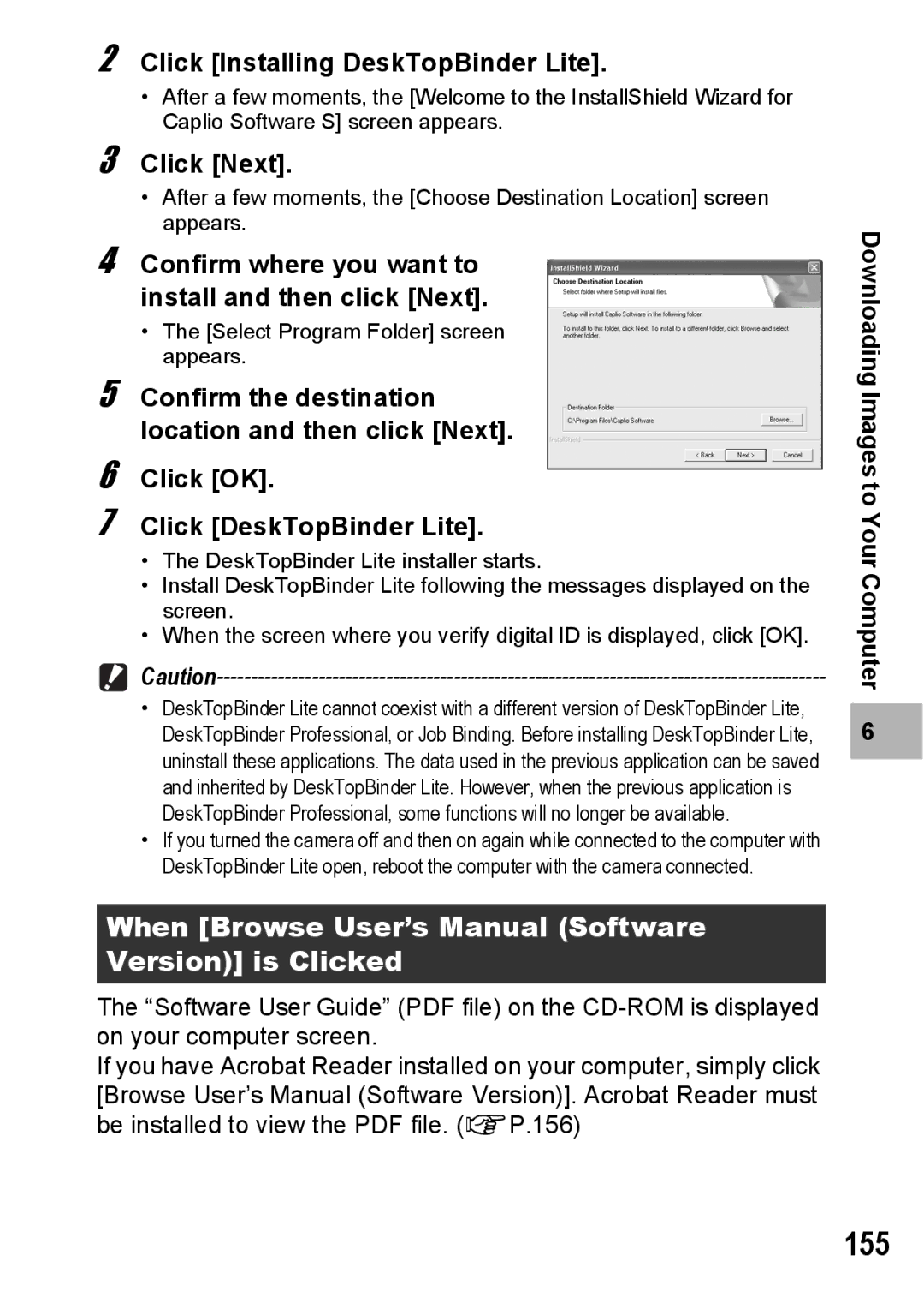 Ricoh G600 manual 155, When Browse User’s Manual Software Version is Clicked, Click Installing DeskTopBinder Lite 