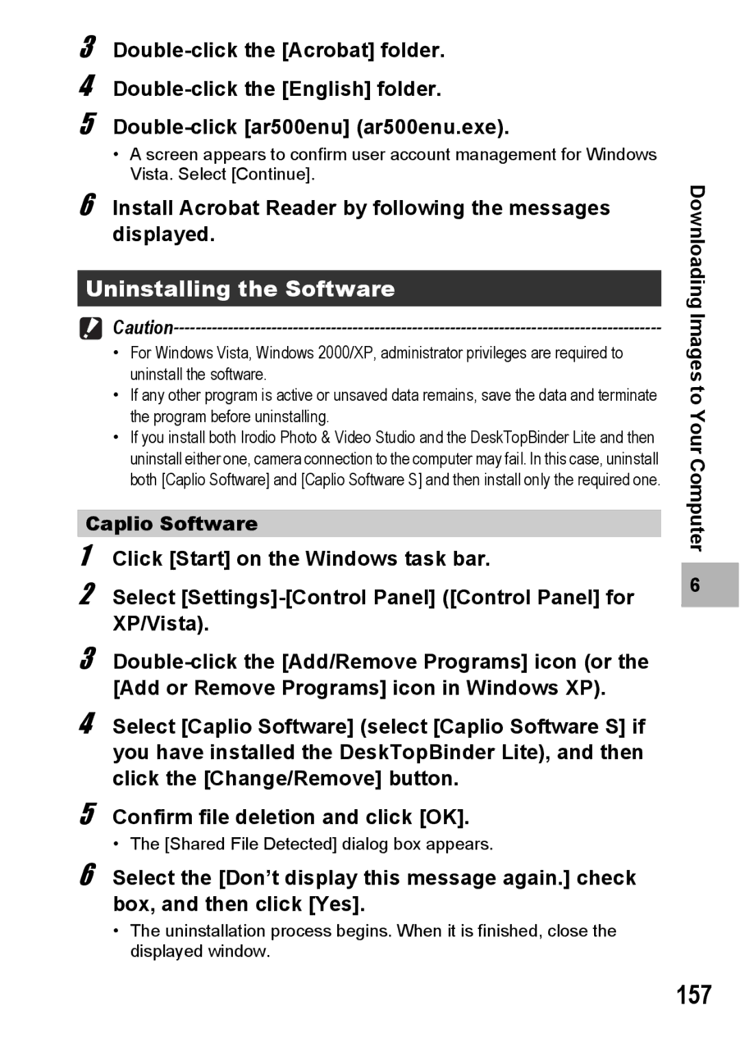 Ricoh G600 manual 157, Uninstalling the Software, Install Acrobat Reader by following the messages displayed 