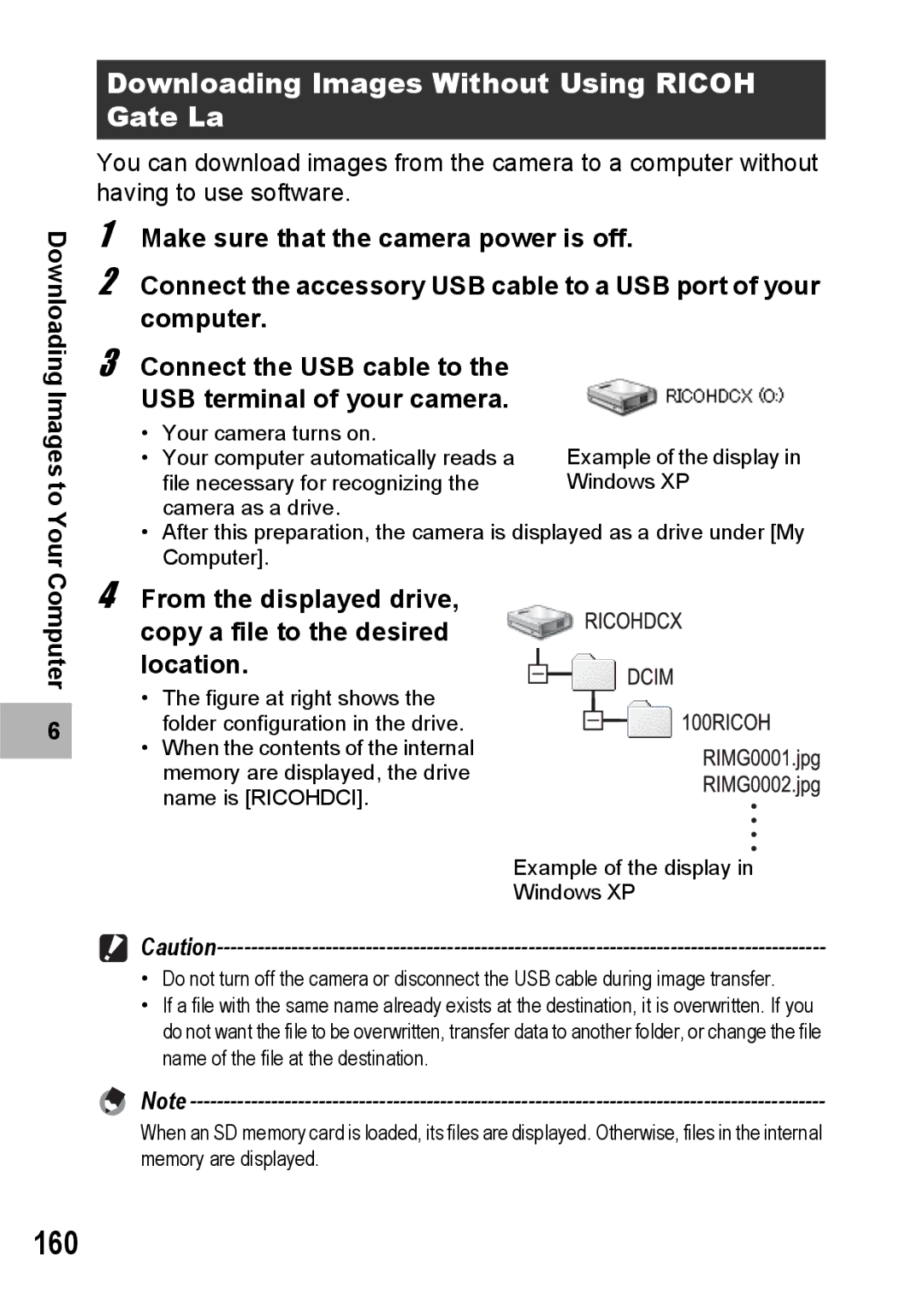 Ricoh G600 manual 160, Downloading Images Without Using Ricoh Gate La 