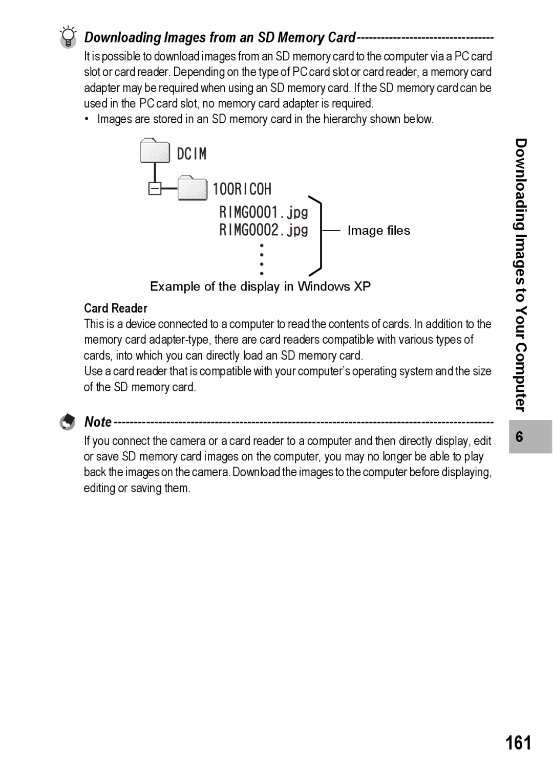 Ricoh G600 manual 161, Downloading Images from an SD Memory Card 