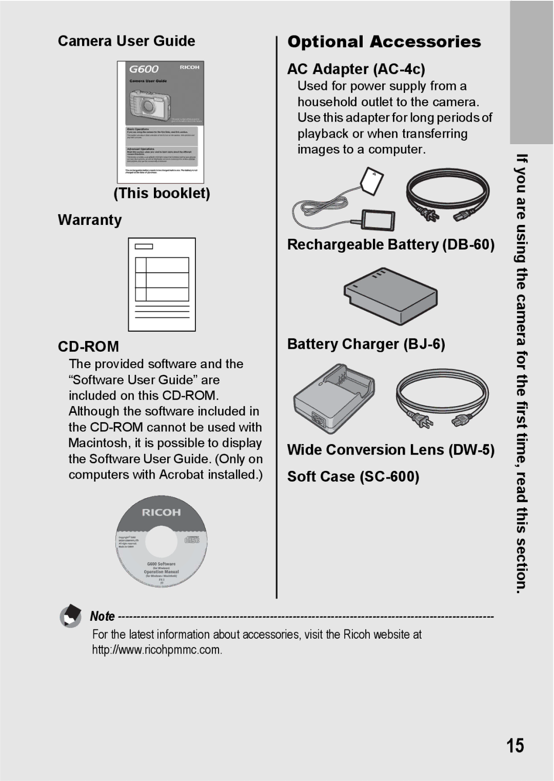 Ricoh G600 manual Optional Accessories, Camera User Guide This booklet Warranty, AC Adapter AC-4c 