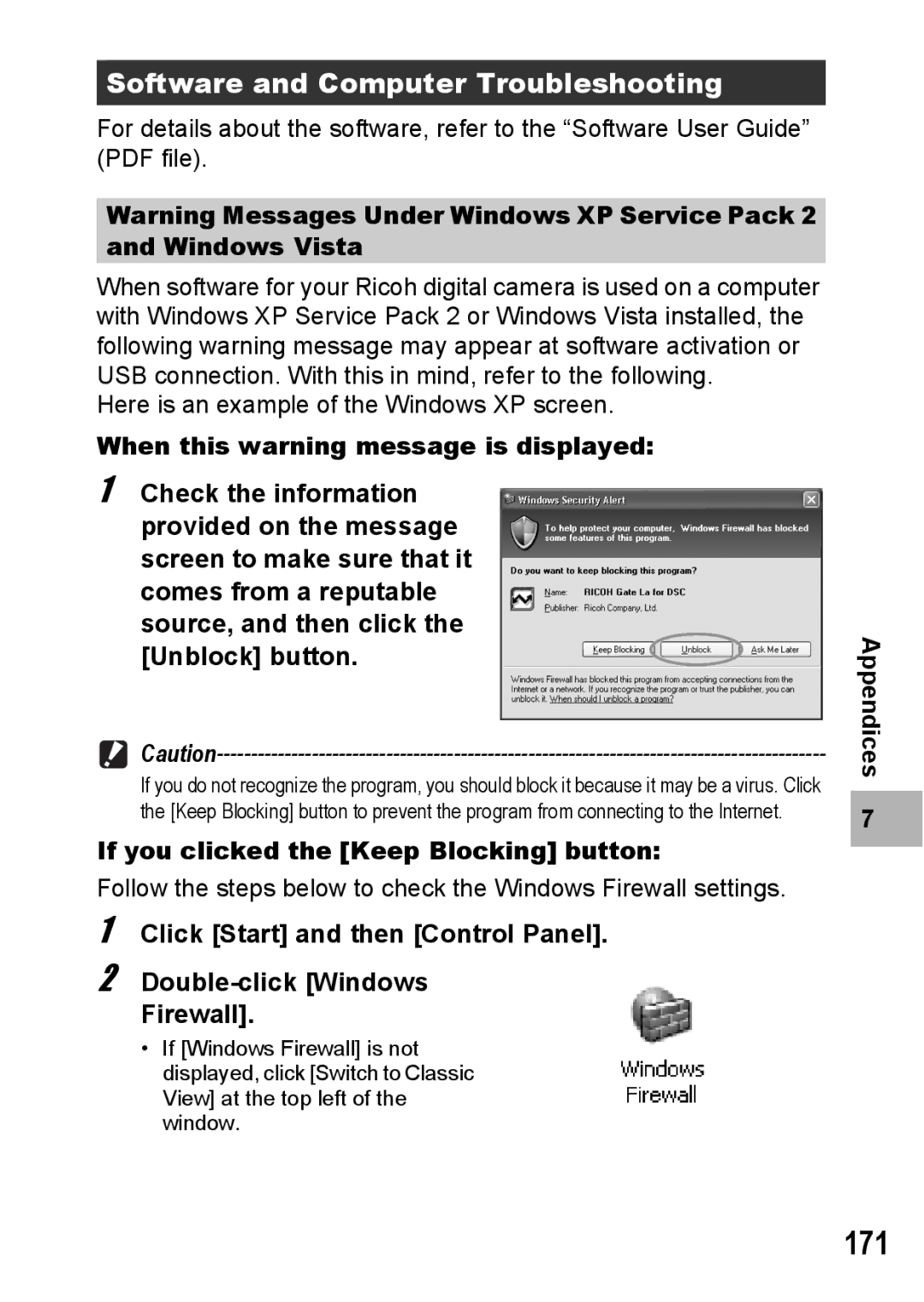 Ricoh G600 manual 171, Software and Computer Troubleshooting, If you clicked the Keep Blocking button 