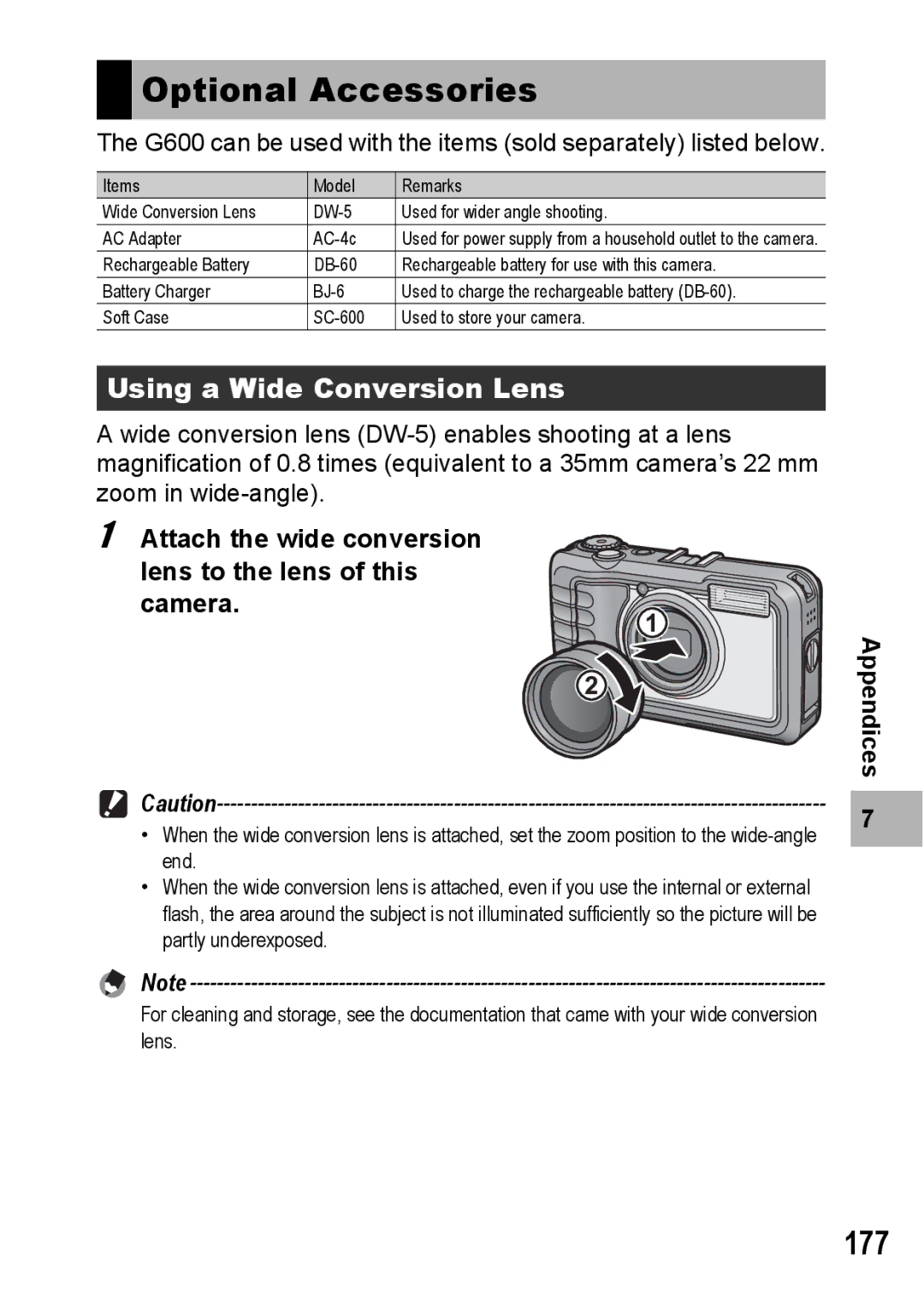 Ricoh G600 manual Optional Accessories, 177, Using a Wide Conversion Lens 