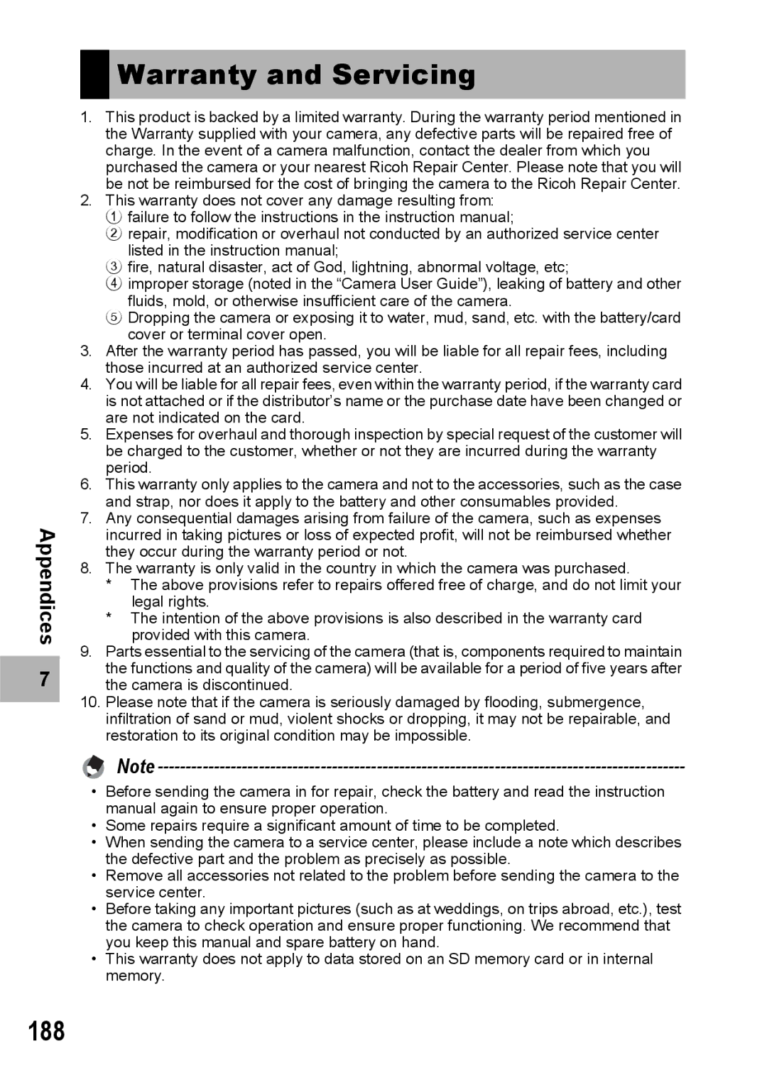 Ricoh G600 manual Warranty and Servicing, 188 