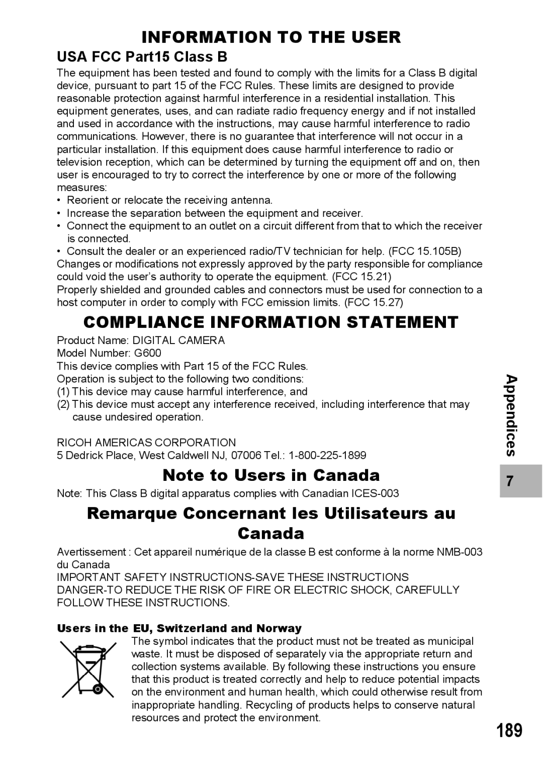 Ricoh G600 manual 189, Remarque Concernant les Utilisateurs au Canada, USA FCC Part15 Class B 