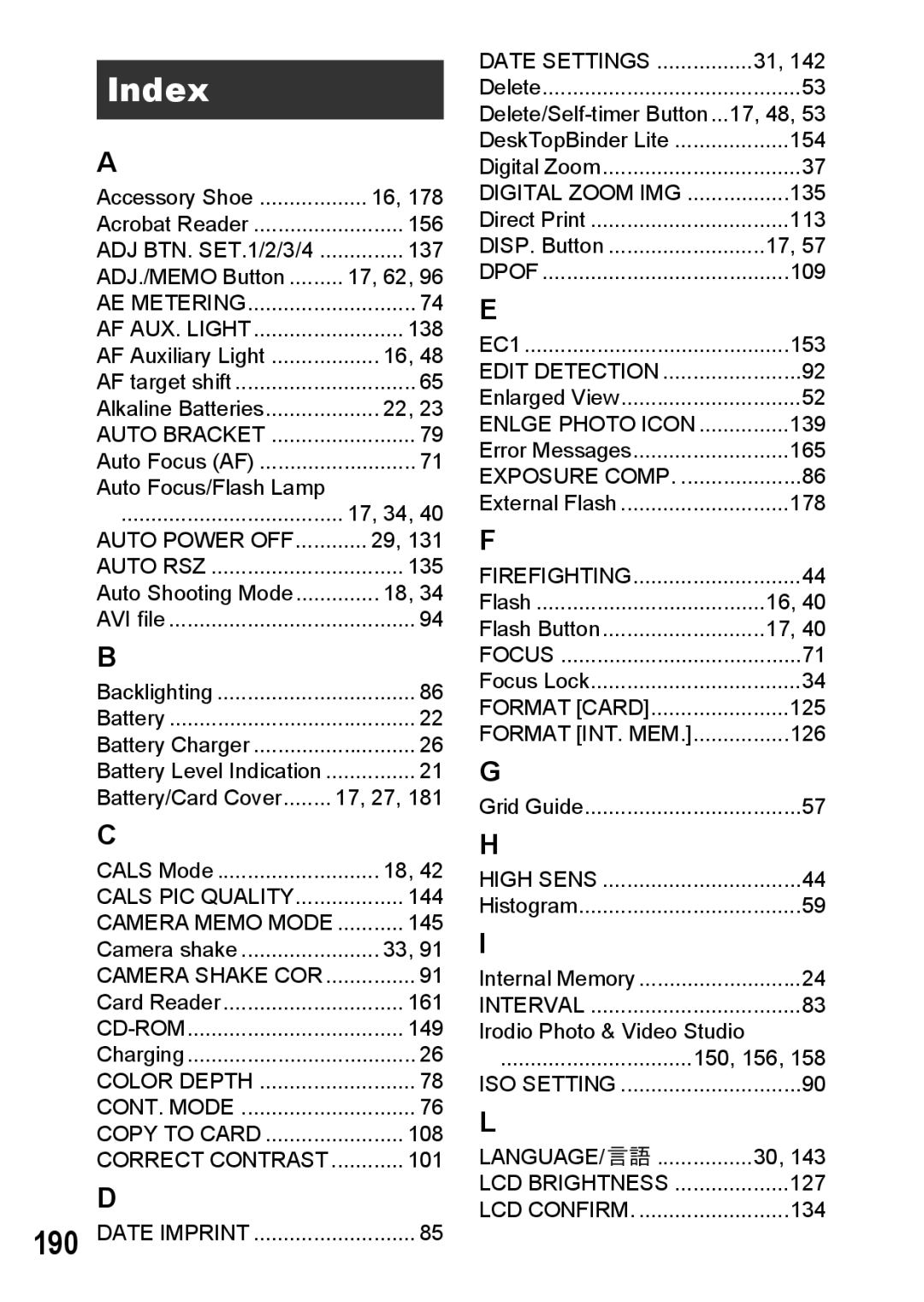 Ricoh G600 manual Index, Camera Memo Mode 