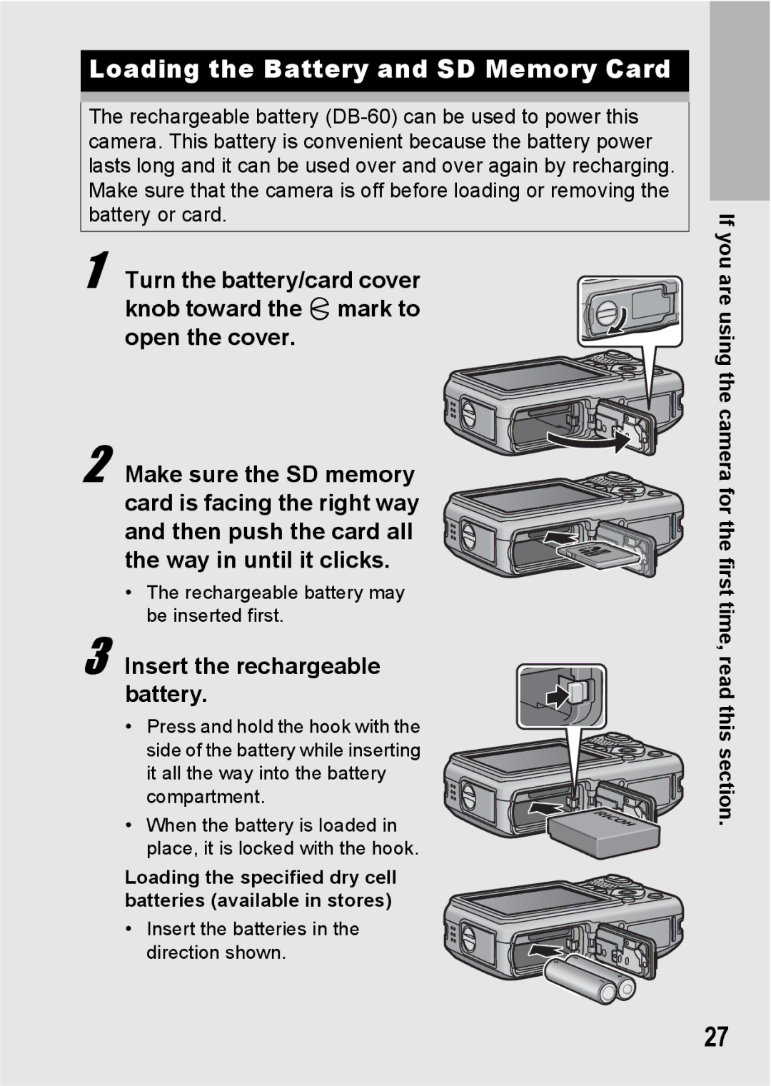 Ricoh G600 manual Loading the Battery and SD Memory Card, Insert the rechargeable battery 