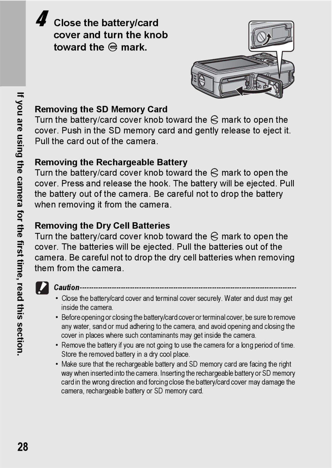 Ricoh G600 manual Removing the SD Memory Card, Removing the Rechargeable Battery, Removing the Dry Cell Batteries 