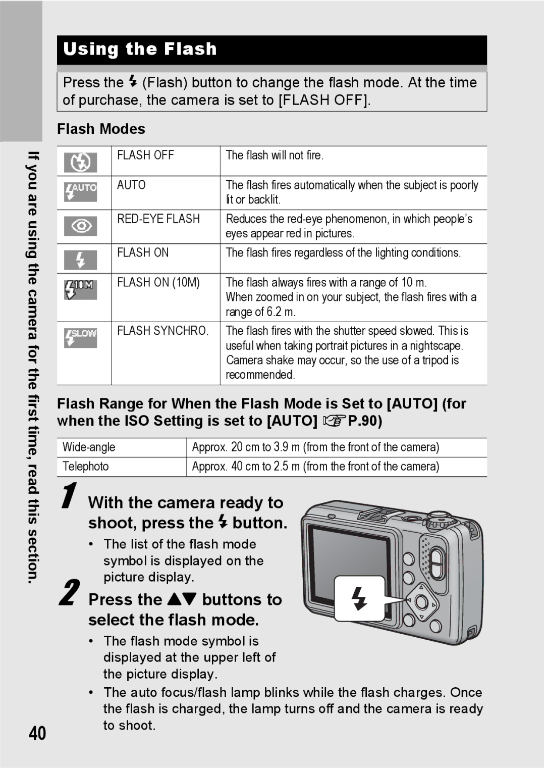 Ricoh G600 manual Using the Flash, With the camera ready to shoot, press the F button, Flash Modes 