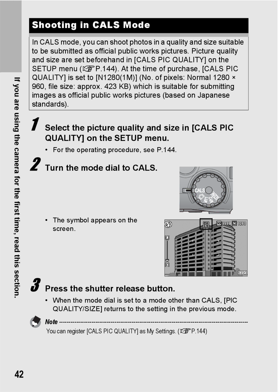 Ricoh G600 manual Shooting in Cals Mode, Turn the mode dial to Cals, Press the shutter release button 