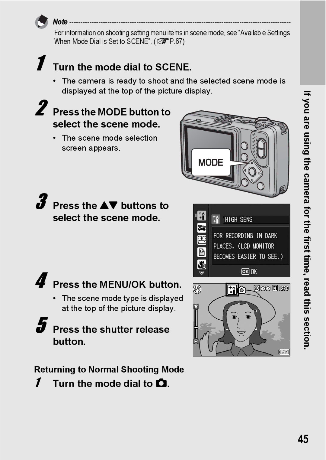 Ricoh G600 Turn the mode dial to Scene, Press the Mode button to select the scene mode, Returning to Normal Shooting Mode 