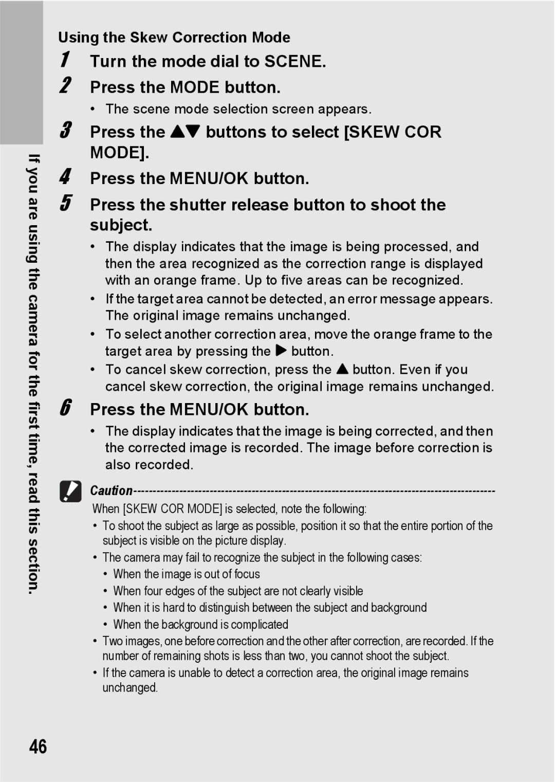 Ricoh G600 manual Turn the mode dial to Scene Press the Mode button, Press the ! buttons to select Skew COR 