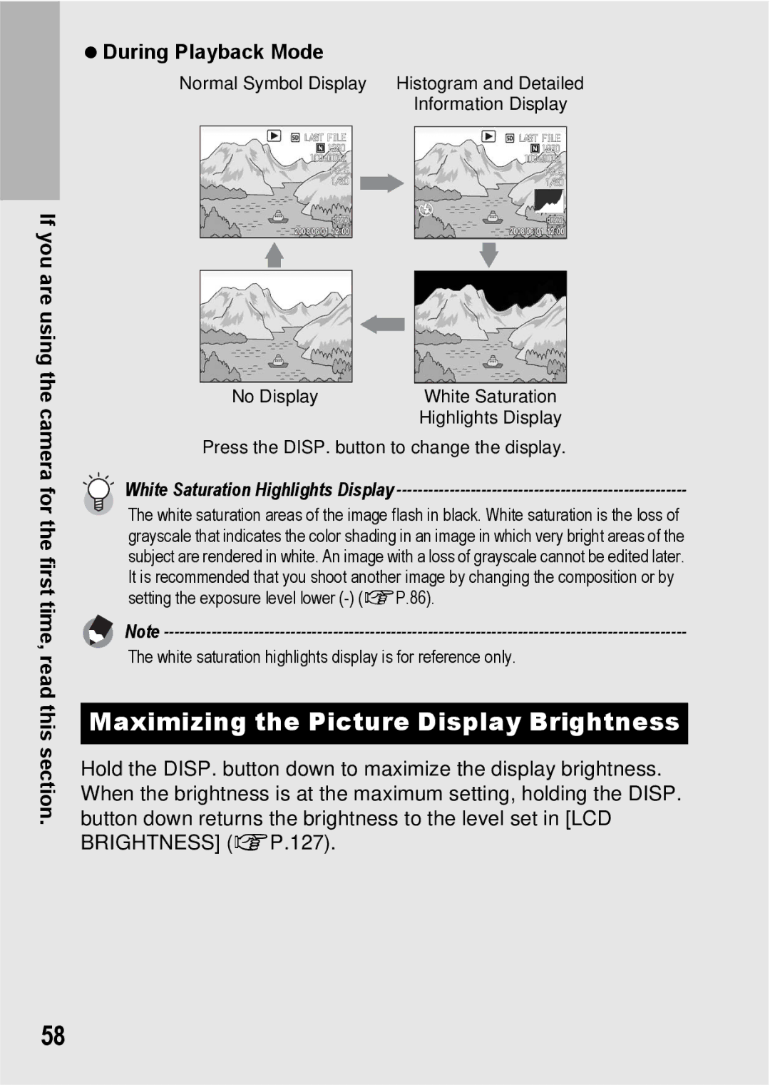 Ricoh G600 manual Maximizing the Picture Display Brightness, During Playback Mode 