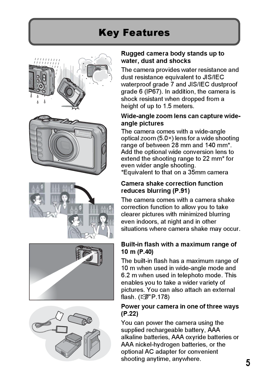 Ricoh G600 manual Key Features, Rugged camera body stands up to water, dust and shocks 