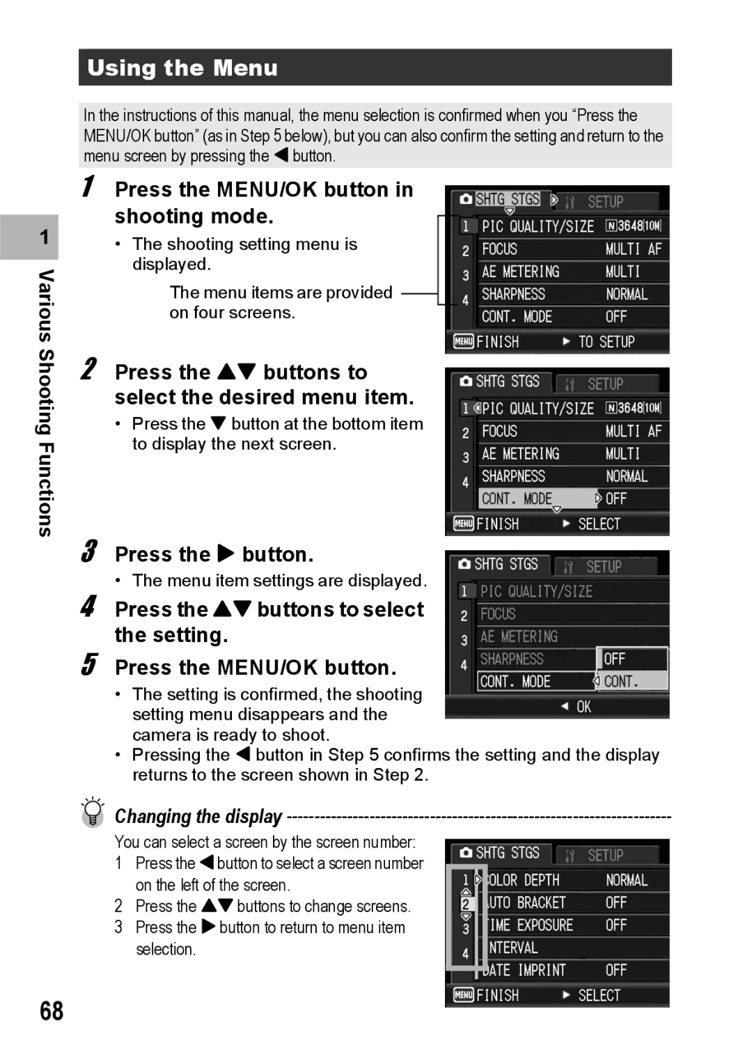 Ricoh G600 Using the Menu, Press the MENU/OK button in shooting mode, Press the ! buttons to select the desired menu item 