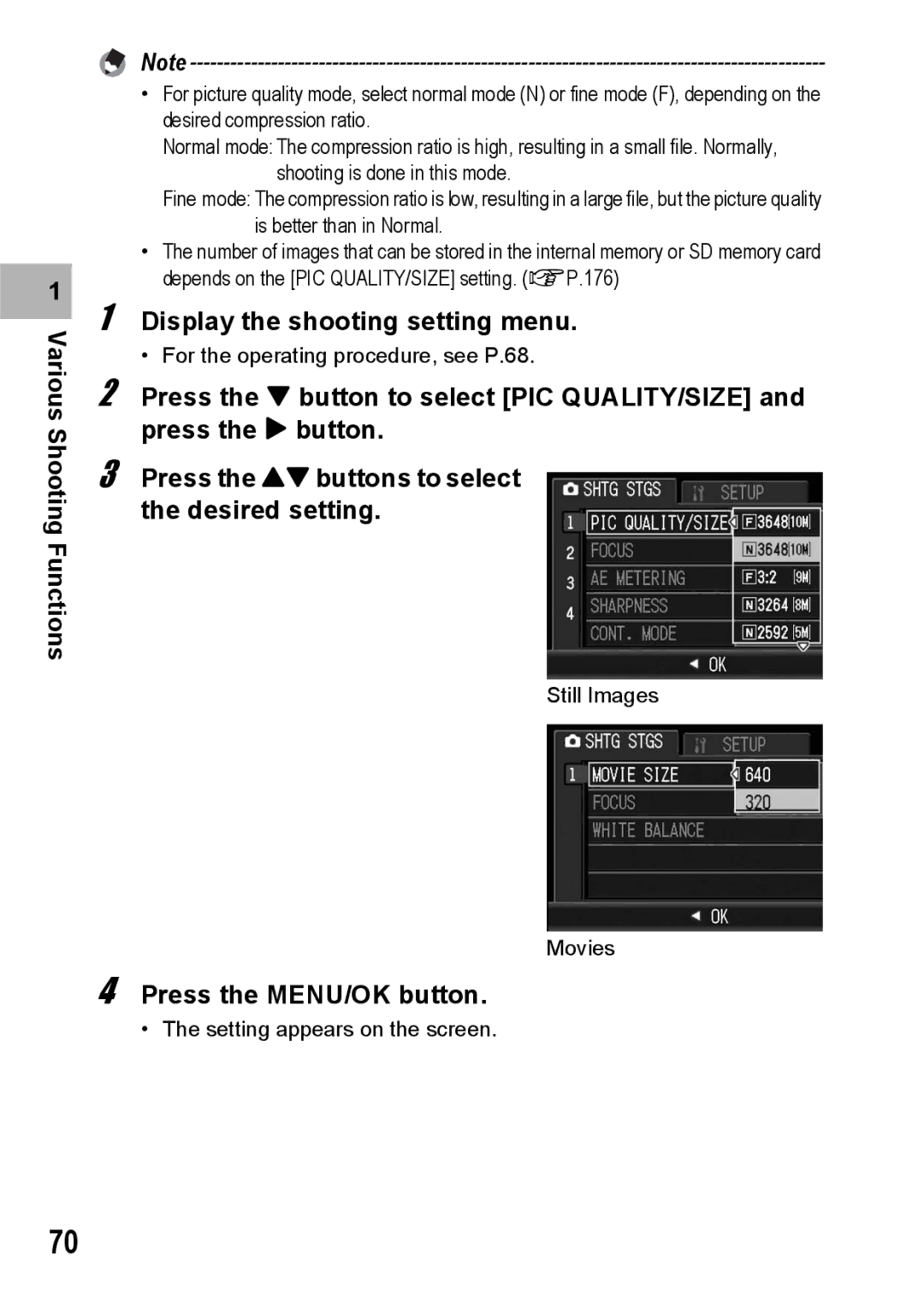 Ricoh G600 manual Functions Display the shooting setting menu 