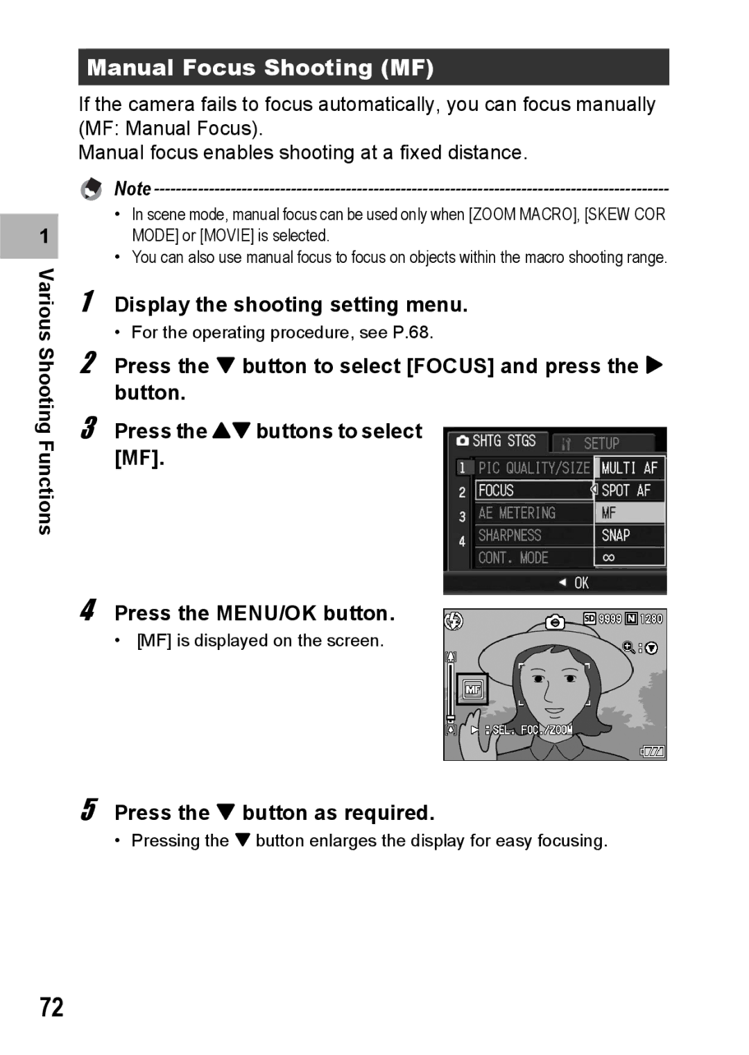 Ricoh G600 manual Manual Focus Shooting MF, Press the button as required 