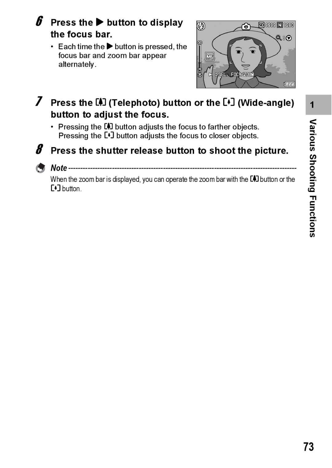 Ricoh G600 manual Press the $ button to display the focus bar, Press the shutter release button to shoot the picture 