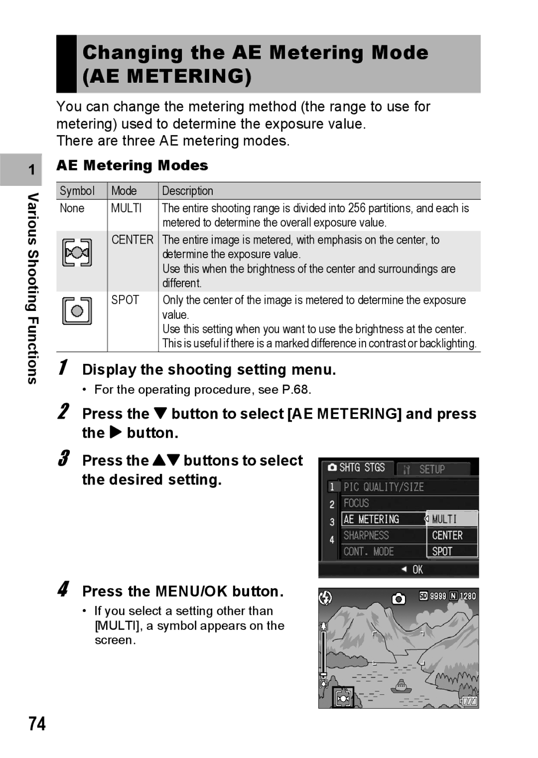 Ricoh G600 manual Changing the AE Metering Mode, AE Metering Modes 