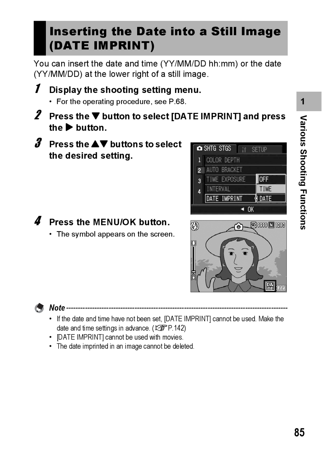 Ricoh G600 manual Inserting the Date into a Still Image, Date Imprint 