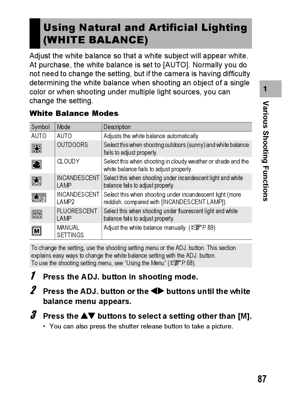 Ricoh G600 manual Using Natural and Artificial Lighting, White Balance Modes 