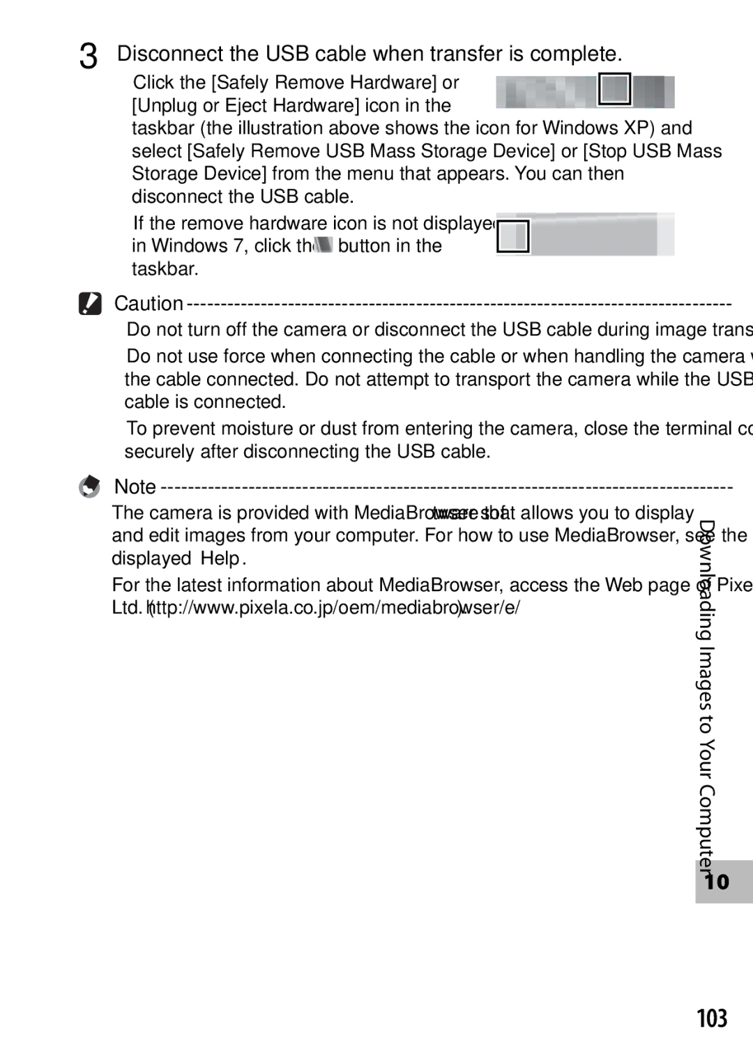 Ricoh G700 manual 103, Disconnect the USB cable when transfer is complete, Windows 7, click the button Taskbar 