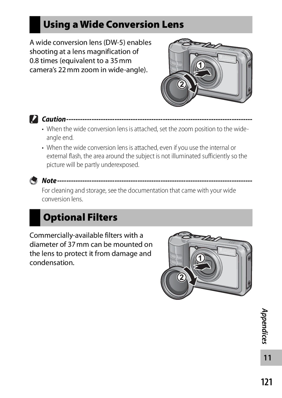 Ricoh G700 manual Using a Wide Conversion Lens, Optional Filters, 121 