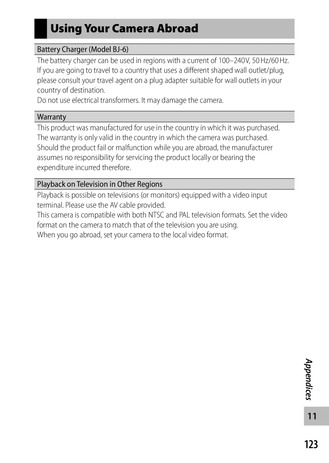 Ricoh G700 manual Using Your Camera Abroad, 123, Battery Charger Model BJ-6, Playback on Television in Other Regions 