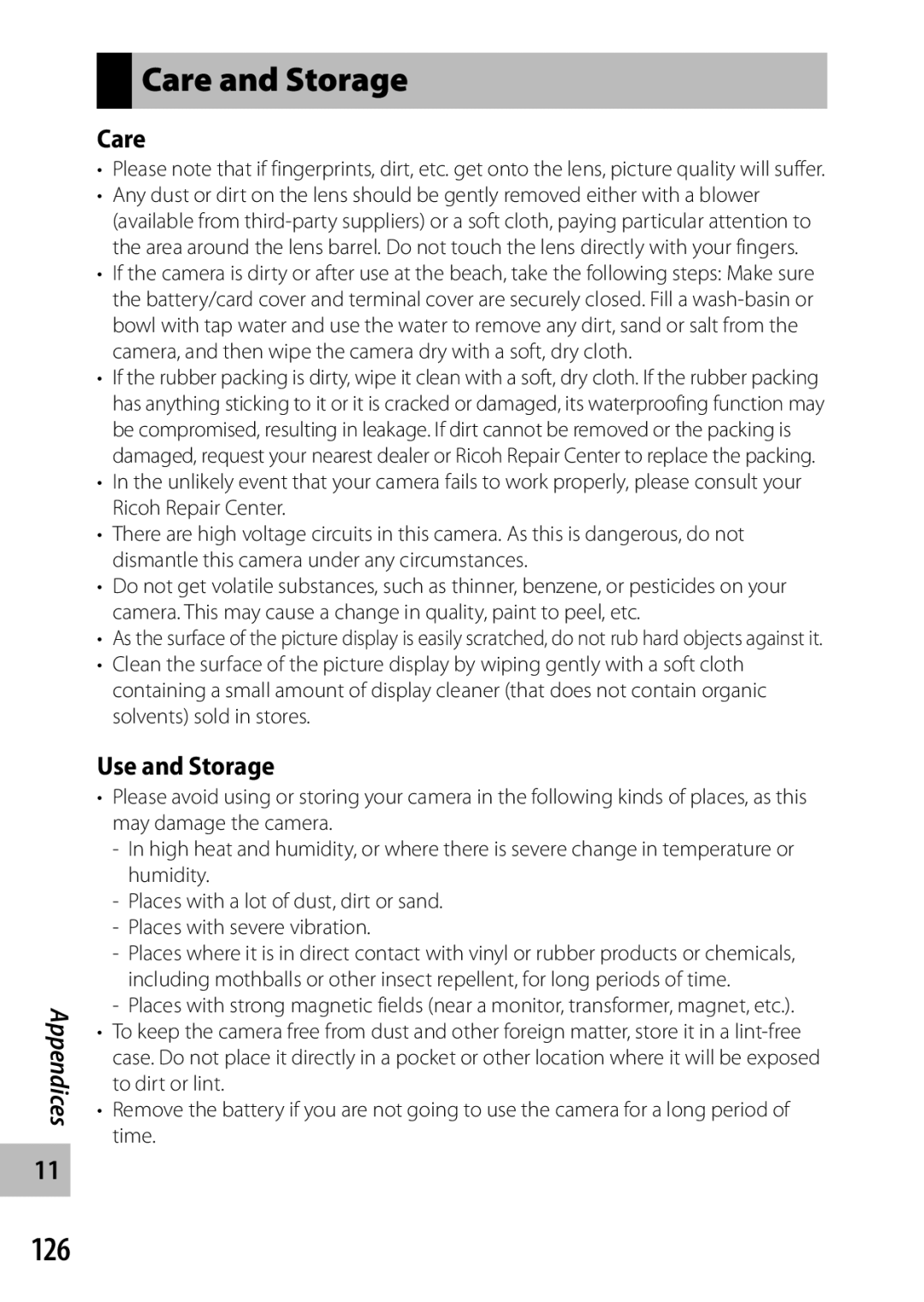 Ricoh G700 manual Care and Storage, 126, Use and Storage 