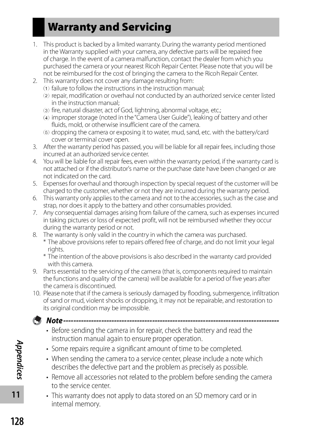 Ricoh G700 manual Warranty and Servicing, 128 