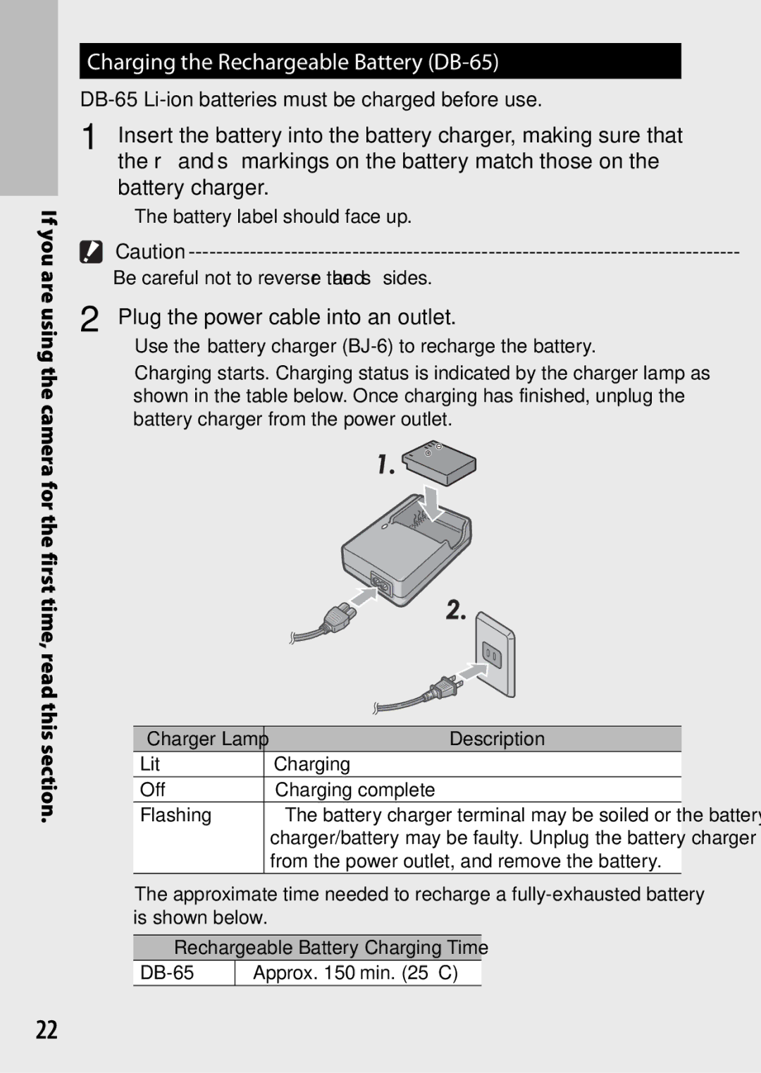 Ricoh G700 manual Charging the Rechargeable Battery DB-65, Plug the power cable into an outlet 