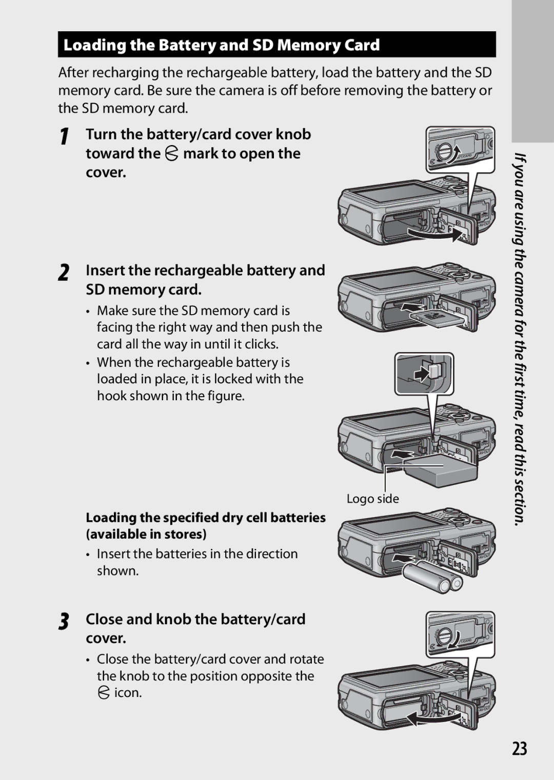 Ricoh G700 manual Loading the Battery and SD Memory Card, Close and knob the battery/card cover 