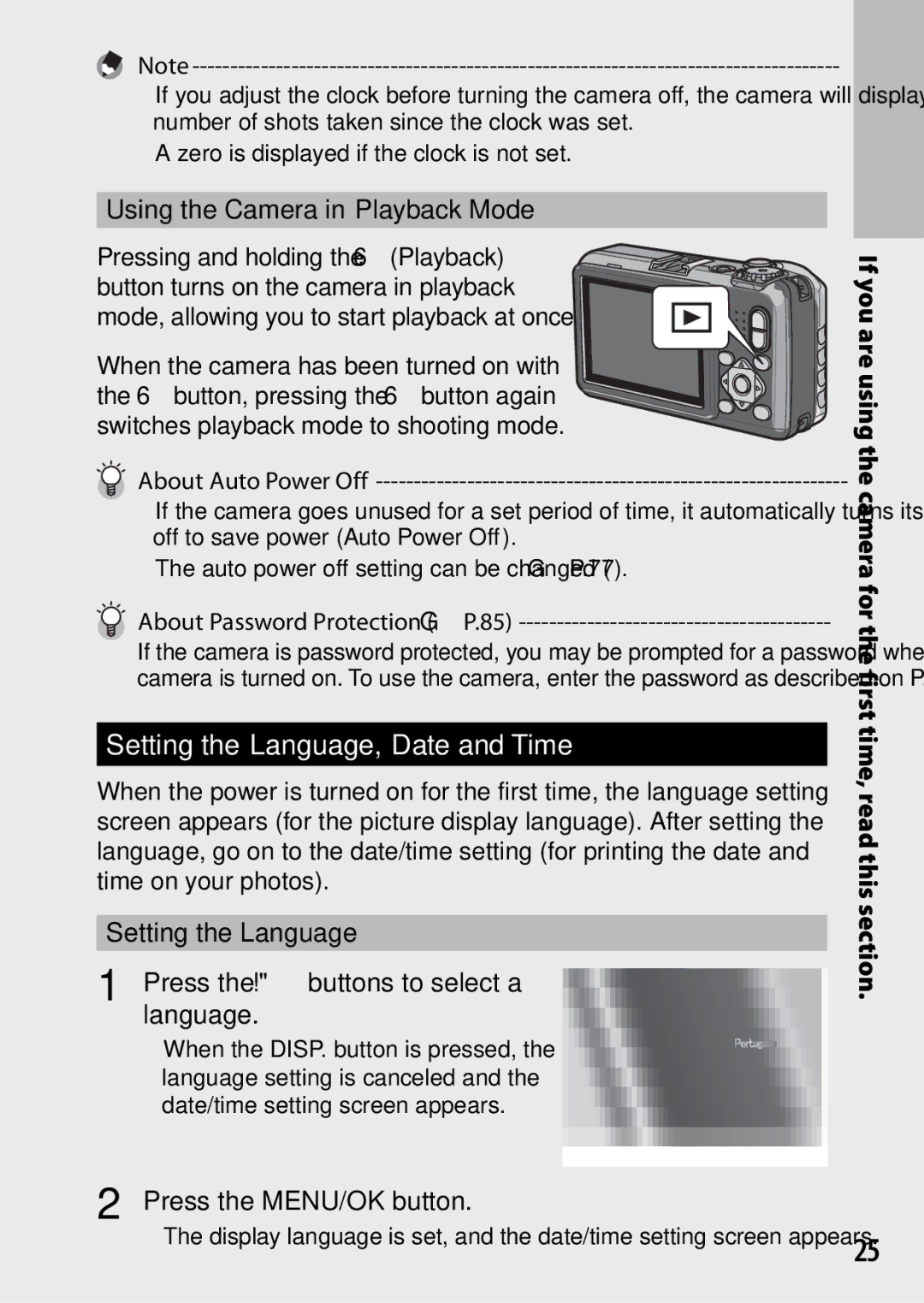 Ricoh G700 manual Setting the Language, Date and Time, Using the Camera in Playback Mode, Press the MENU/OK button 